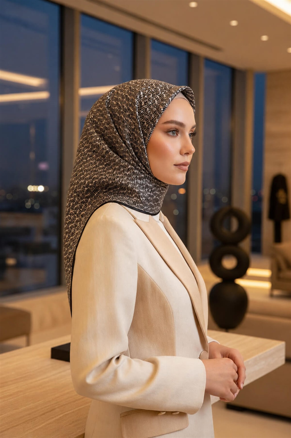 %100 Twill İpek Çizgi Desenli Krem - Siyah Renkli 90x90 Eşarp Dikim Şekli : El Dikişi