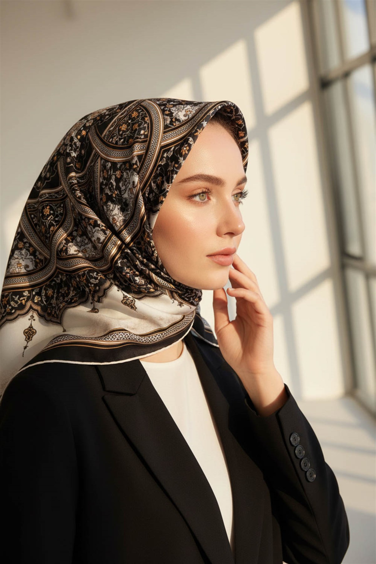 %100 Twill İpek Şal Desenli Siyah - Krem Renkli 90x90 Eşarp Dikim Şekli : El Dikişi