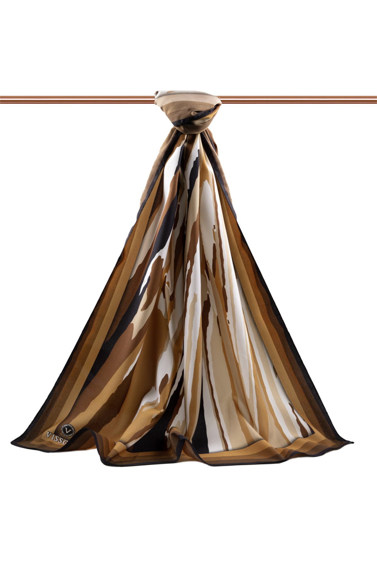 LÜKS MEDİNE İPEĞİ GEOMETRİK DESENLİ SÜTLÜ KAHVE RENKLİ 75X195 KIRIŞMAZ ŞAL MOSS KREP DİKİŞ TİPİ İTALYAN DİKİŞLİ