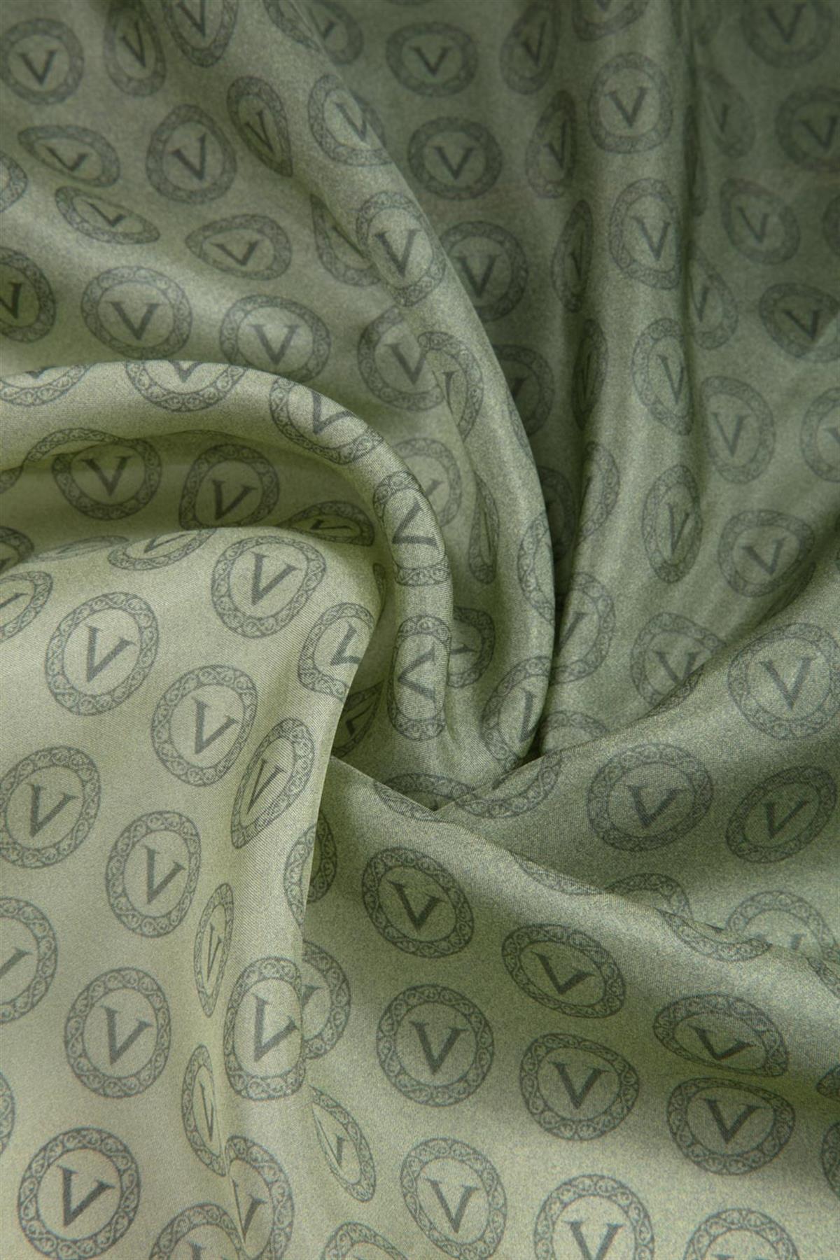 %100 İpek Degradeli Ve Monogram Desenli Haki - Gold Renkli 92x210 Şal