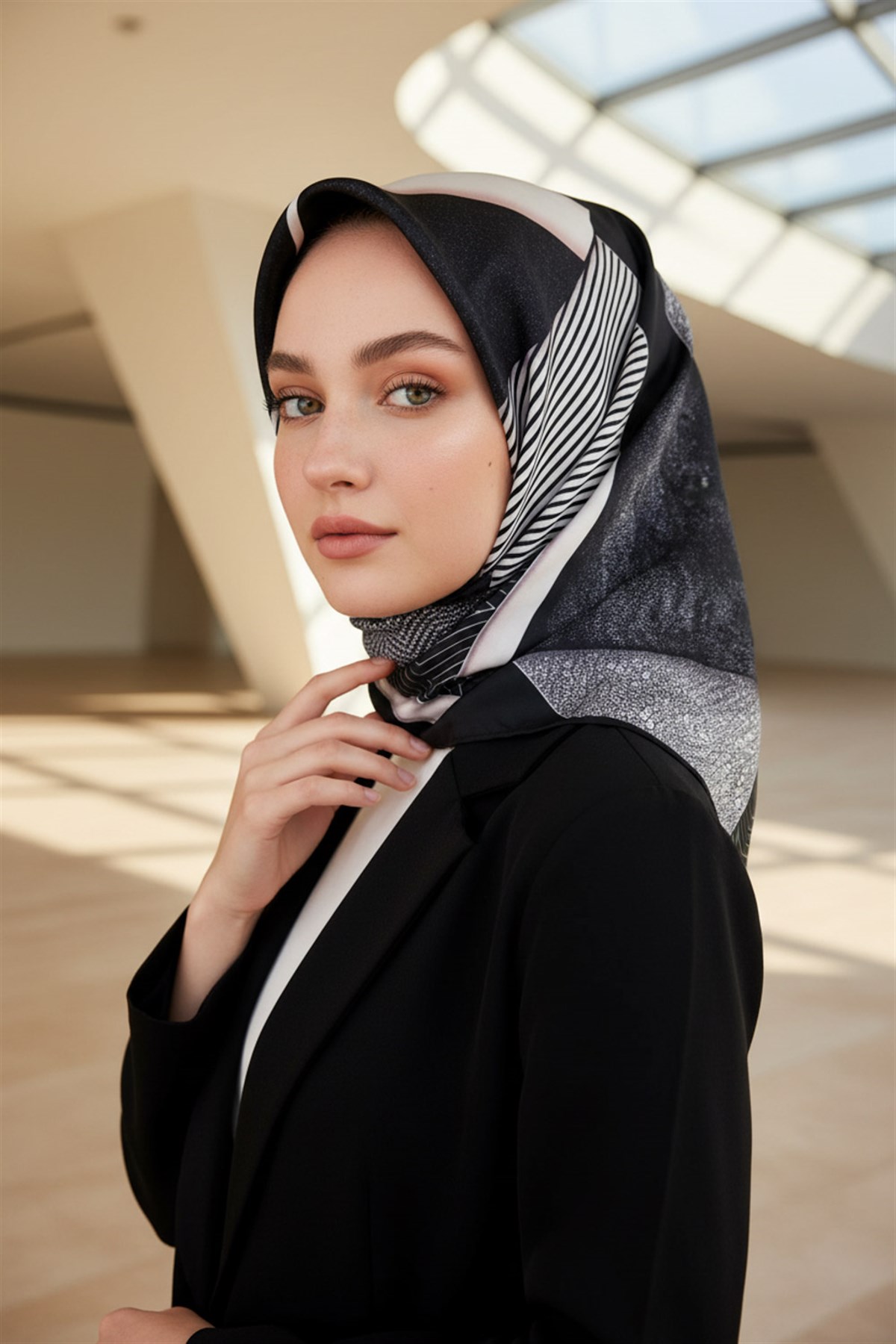 %100 Twill İpek Dokulu ve Geometrik Desenli Siyah - Kremi Renkli 90x90 Eşarp Dikim Şekli : El Dikişi