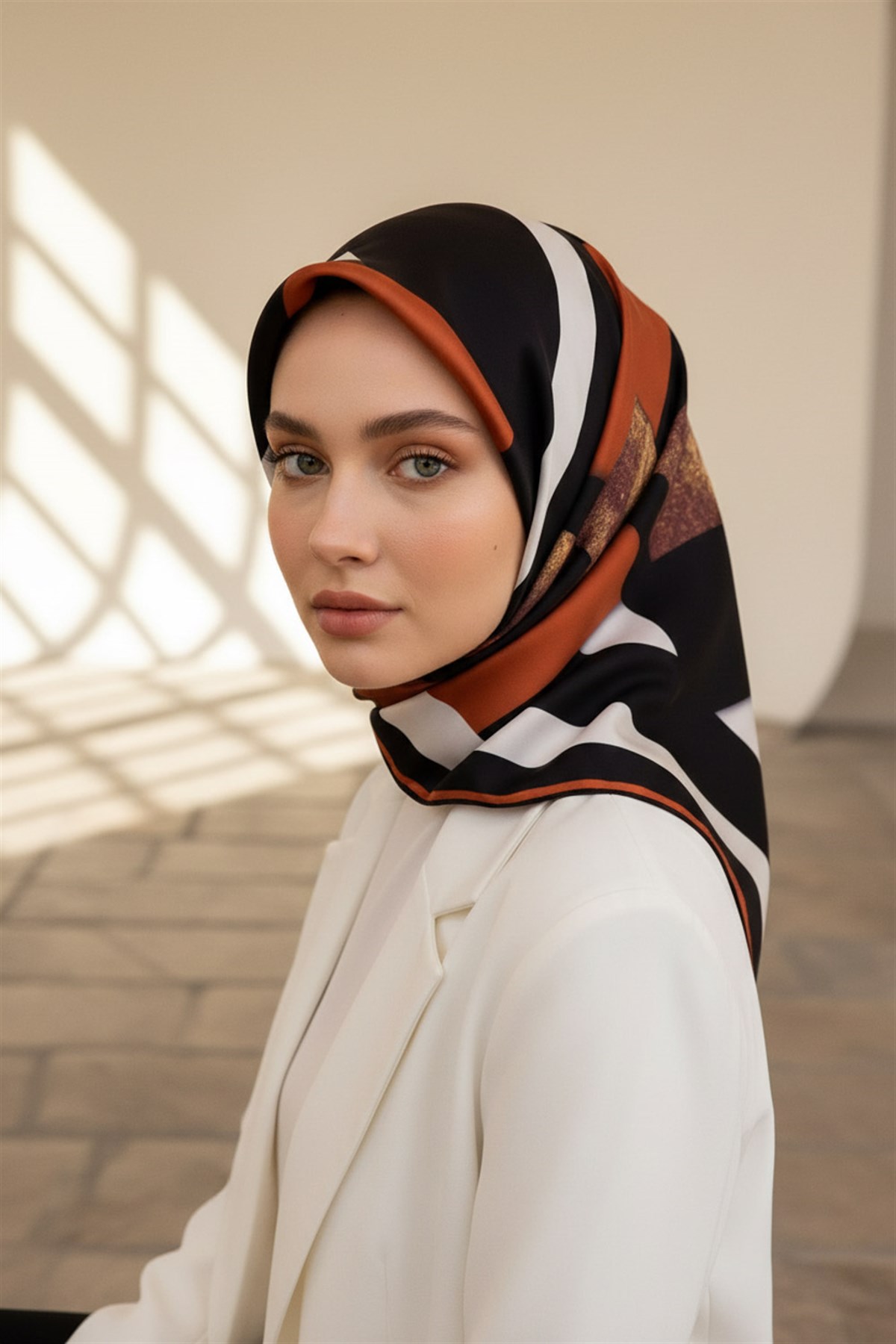 %100 Twill İpek Karo Desenli Siyah - Taba Renkli 90x90 Eşarp Dikim Şekli : El Dikişi