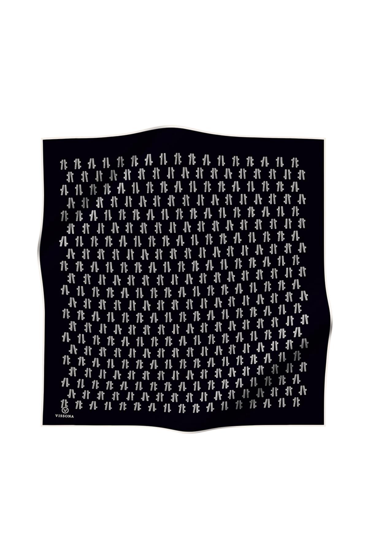 %100 Twill İpek Geometrik Desenli Siyah Renkli 90x90 Eşarp Dikim Şekli : El Dikişi