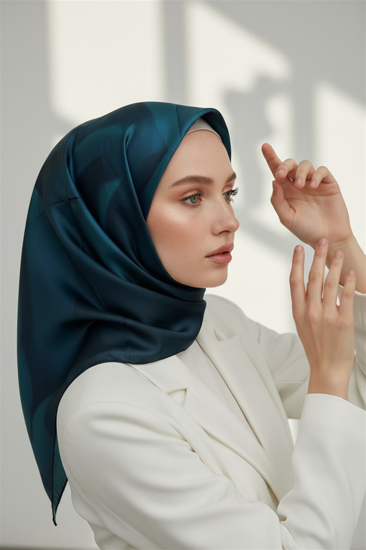 %100 Twill İpek Gül Desenli Petrol Mavisi Renkli 90x90 Eşarp Dikim Şekli : El Dikişi