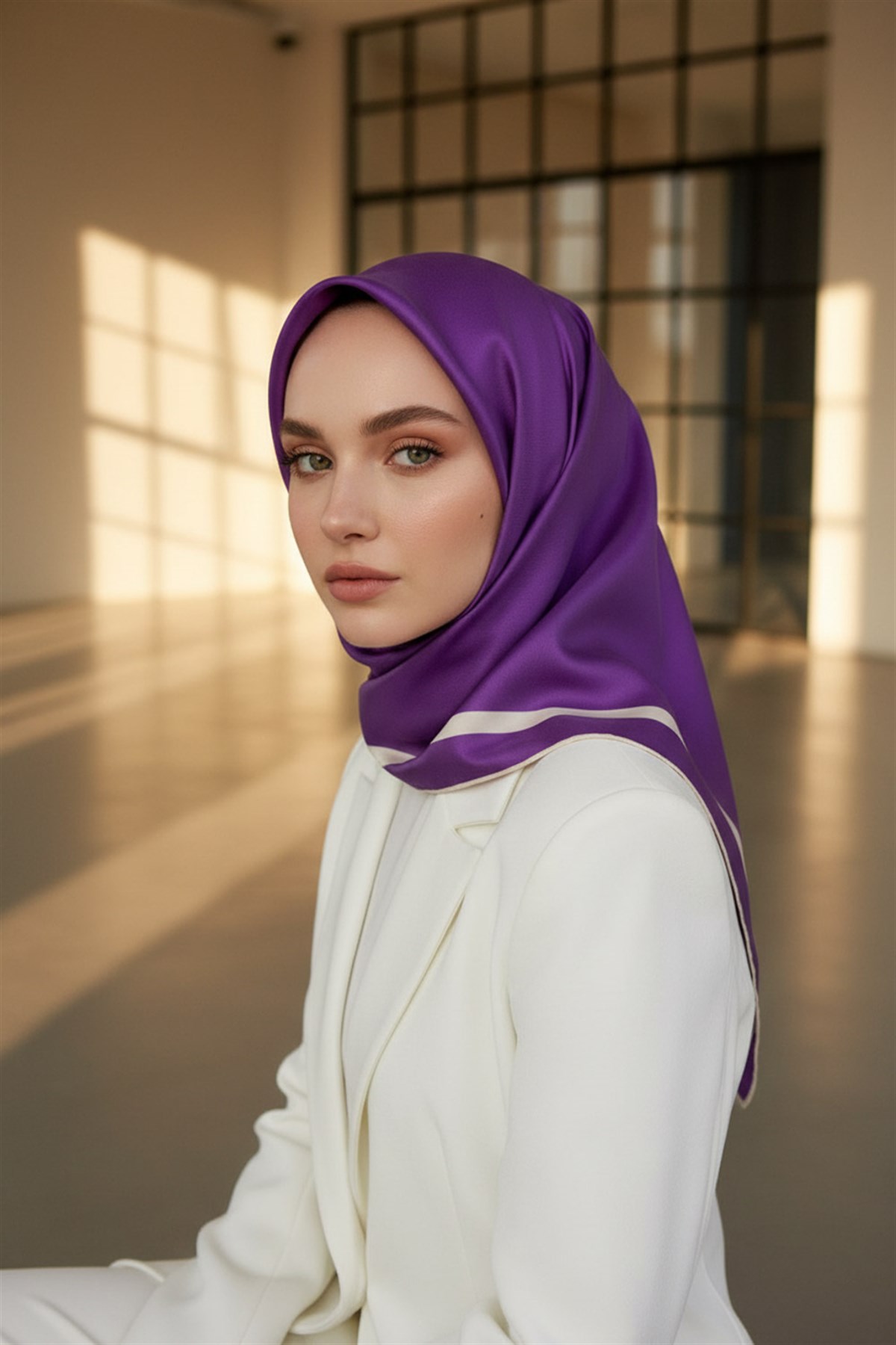 100% Twill İpek Düz Renk Bordür Desenli Mor - Krem Renkli Daha Tok Exclusive Serisi 90x90 Dikim Şekli : El Dikişi Eşarp