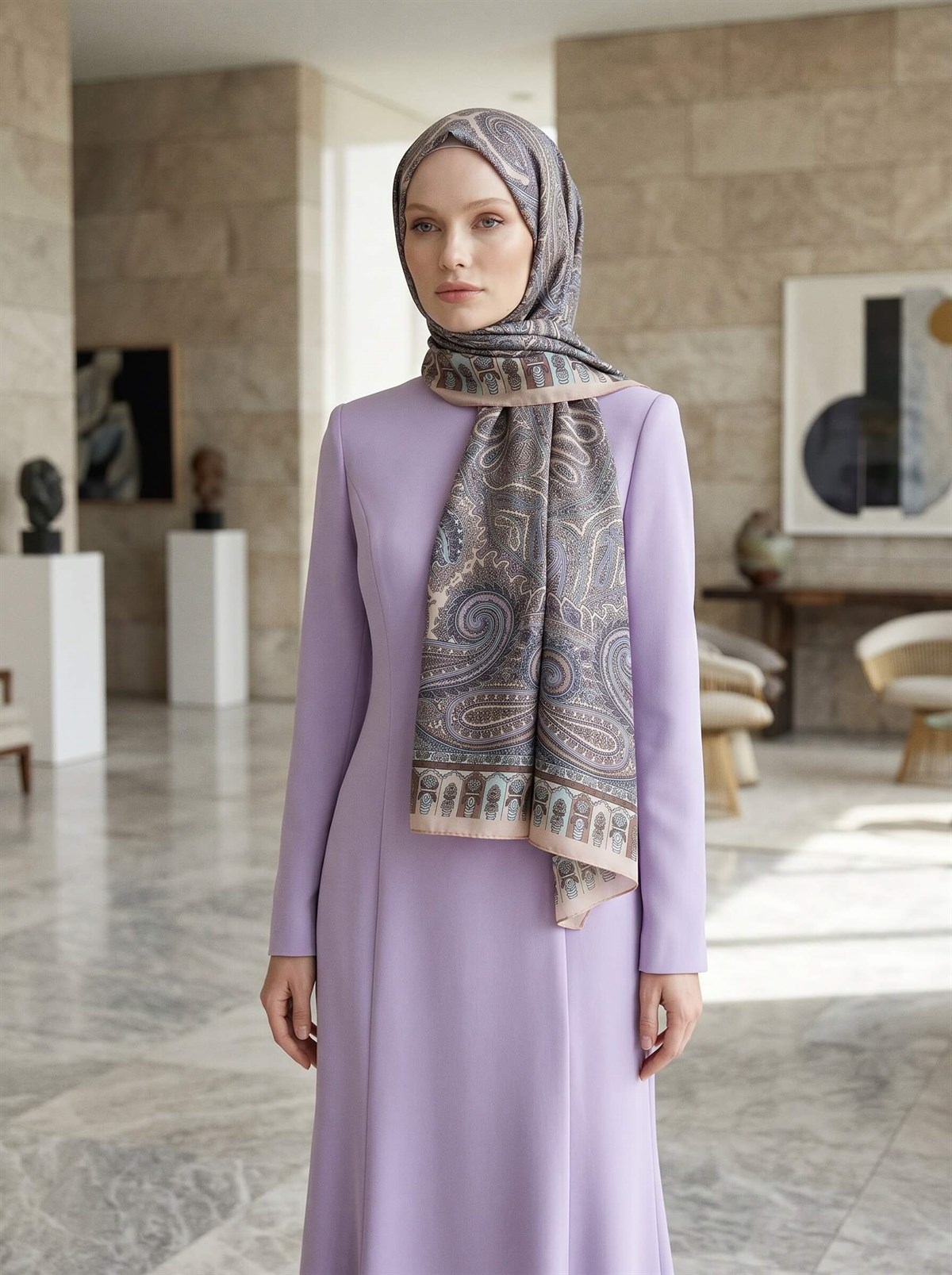100% İPEK ETRO DESENLİ SOMON RENKLİ ŞAL