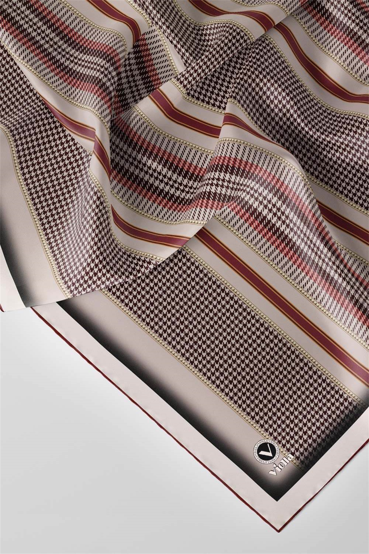 Twill Kazayaklı Şerit Desenli Bej Renkli 90x90 Eşarp (İpek İçermez) Kenar Dikiş Şekli El Dikişli