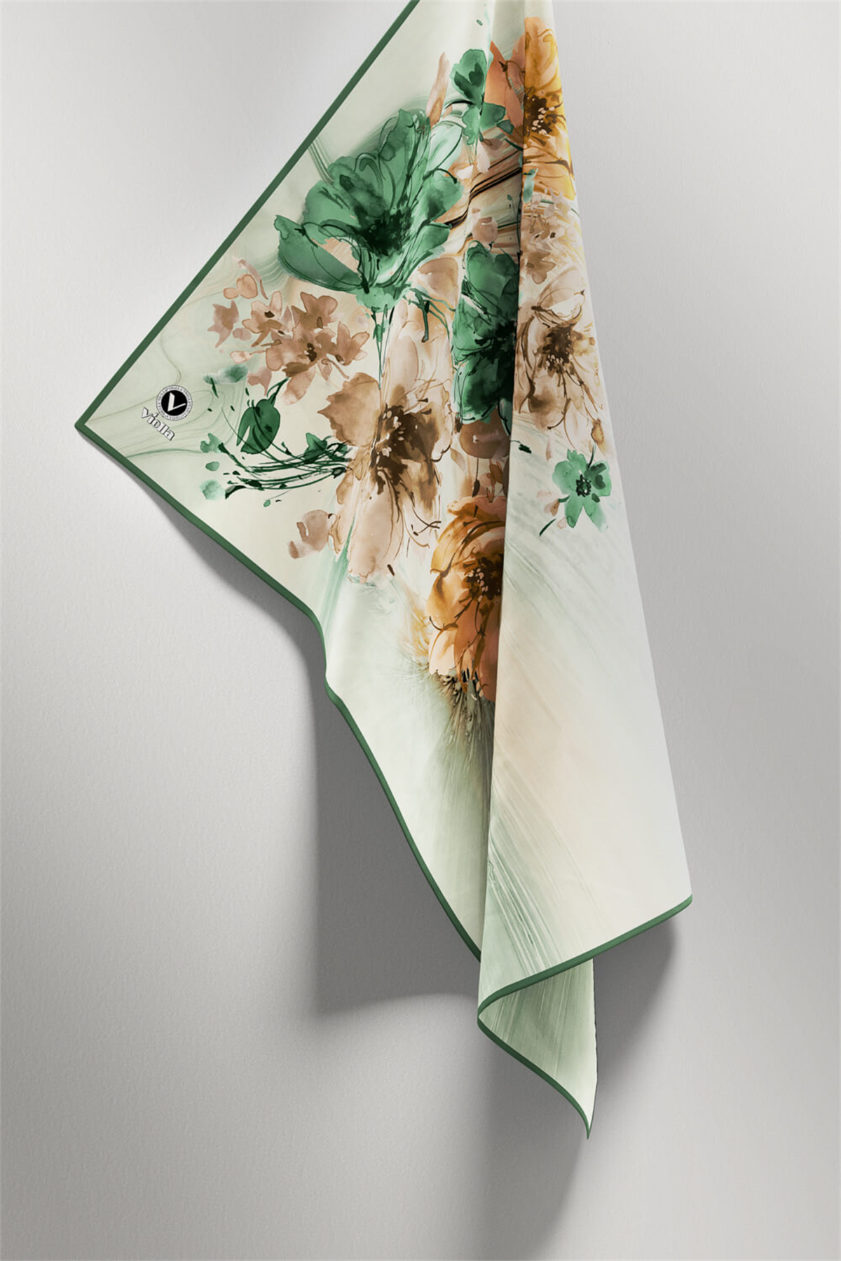 Twill Çiçek Desenli Petrol Yeşili Renkli 90x90 Eşarp (İpek İçermez) Kenar Dikiş Şekli El Dikişli