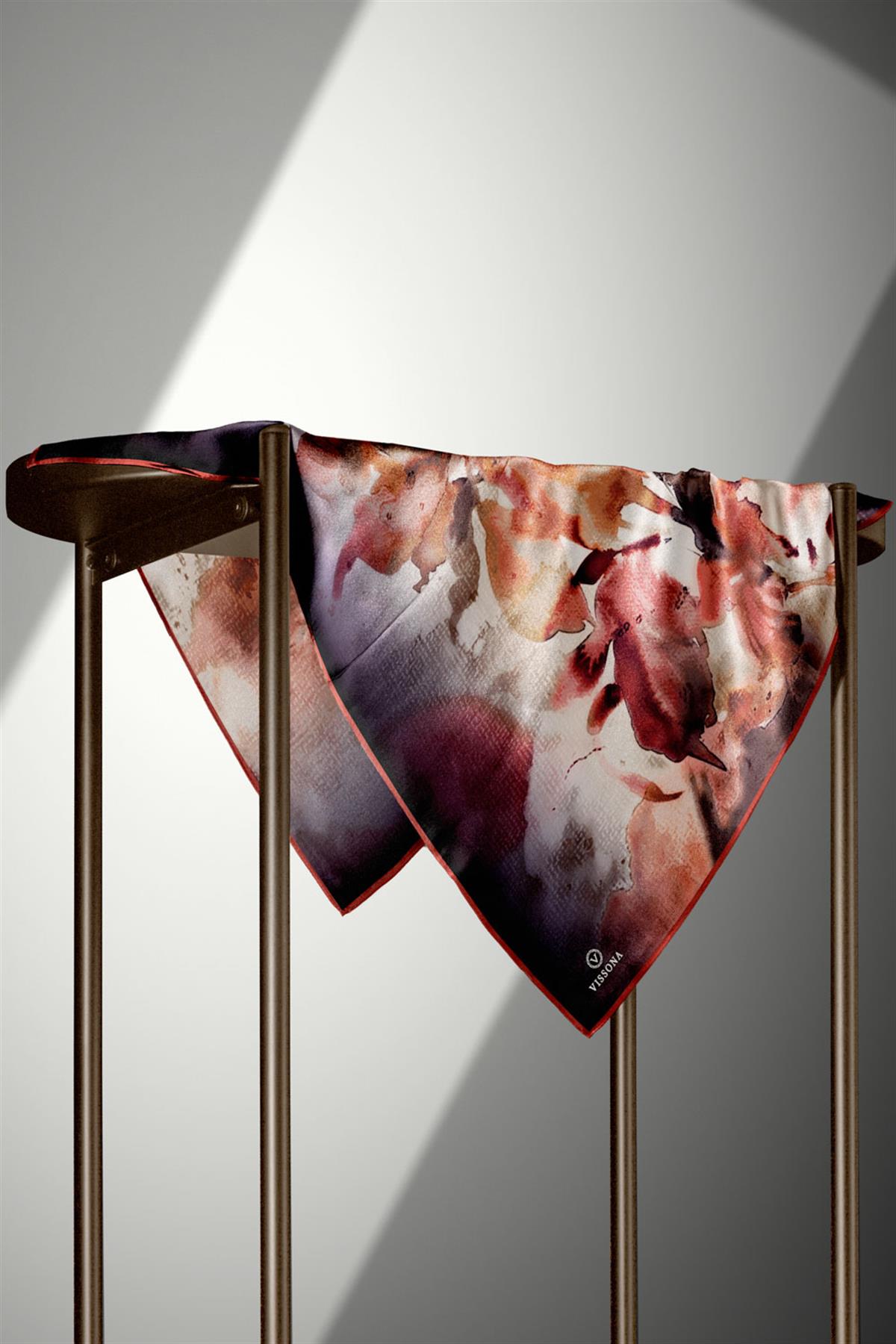 %100 Twill İpek Suluboya Çiçek Desenli Hardal - Taba Renkli 90x90 Eşarp Dikim Şekli : El Dikişi