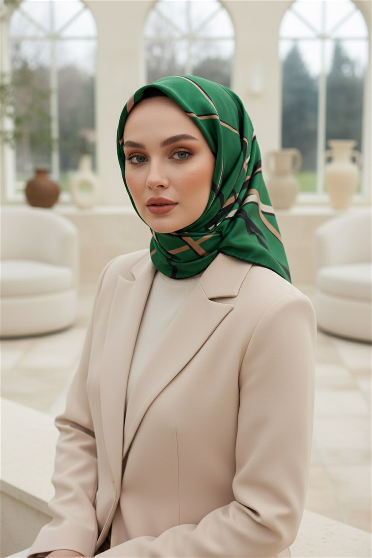 %57 İPEK %43 VİSKON Twill İpek Çizgili Desenli Zümrüt Yeşili - Siyah Renkli 90x90 Eşarp Dikim Şekli : El Dikişi