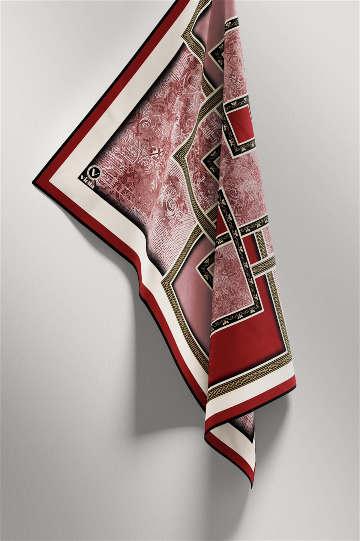 Twill Geometrik Desenli Bordo Renkli 90x90 Eşarp (İpek İçermez) Kenar Dikiş Şekli El Dikişli