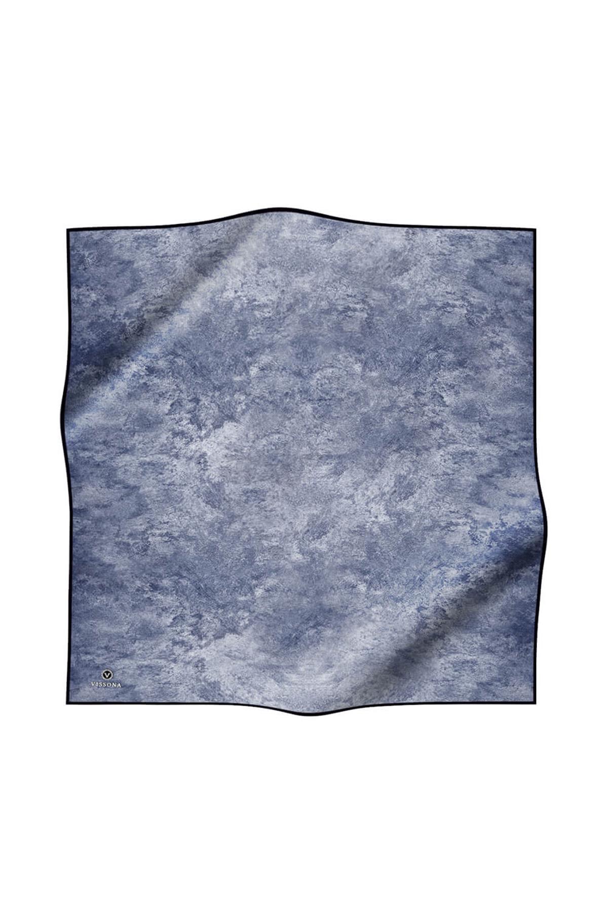 % 57 İPEK % 43 VİSKON Twill İpek Doku Desenli Gri - İndigo Renkli 90x90 Eşarp Dikim Şekli : El Dikişi