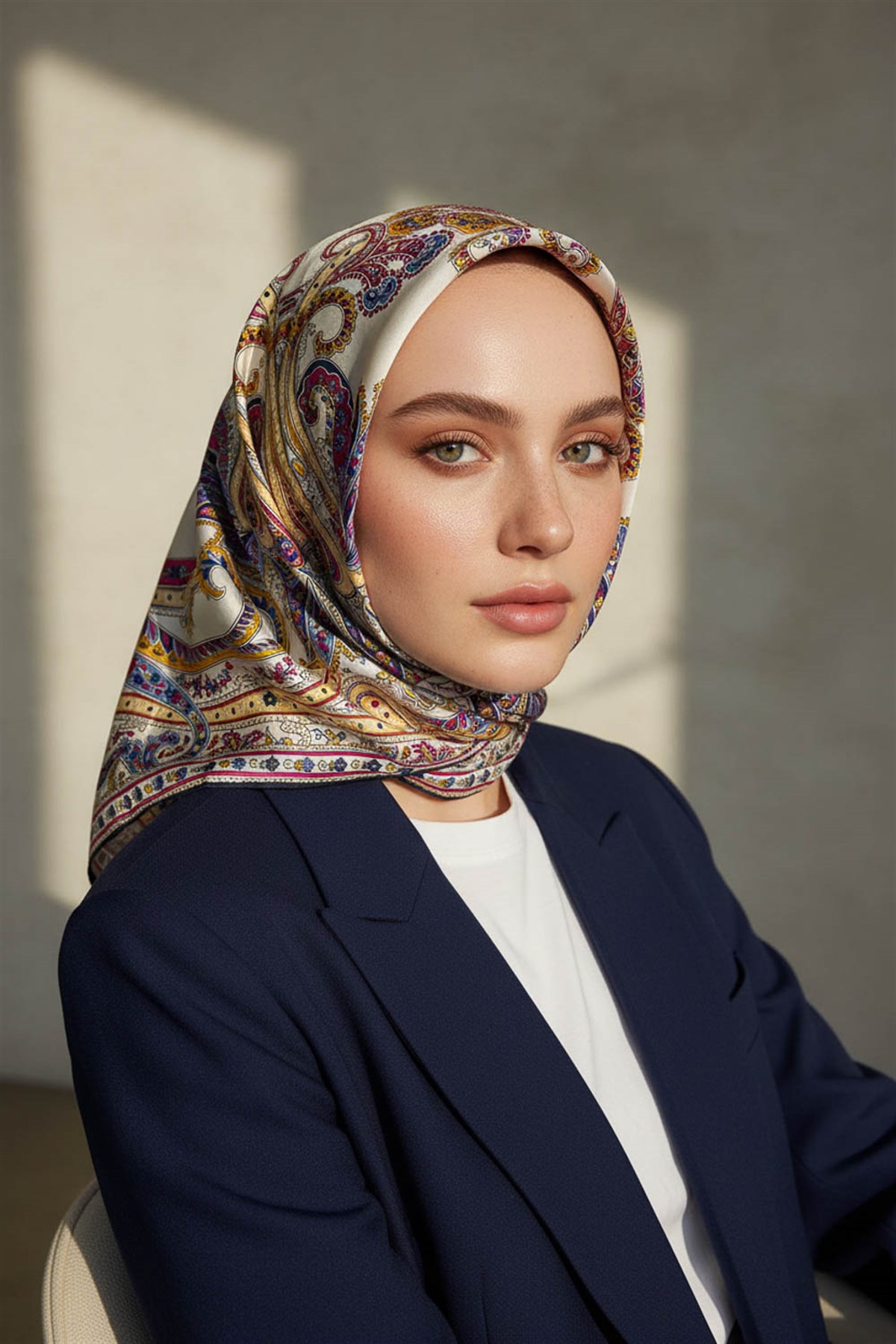 %100 Twill İpek Şal Desenli Lacivert - Gold Renkli 90x90 Eşarp Dikim Şekli : El Dikişi