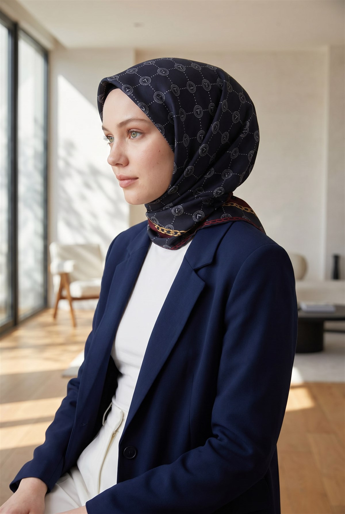%100 Twill İpek Zincirli Ve Monogram Desenli Lacivert - Bordo Renkli 90x90 Eşarp Dikim Şekli : El Dikişi