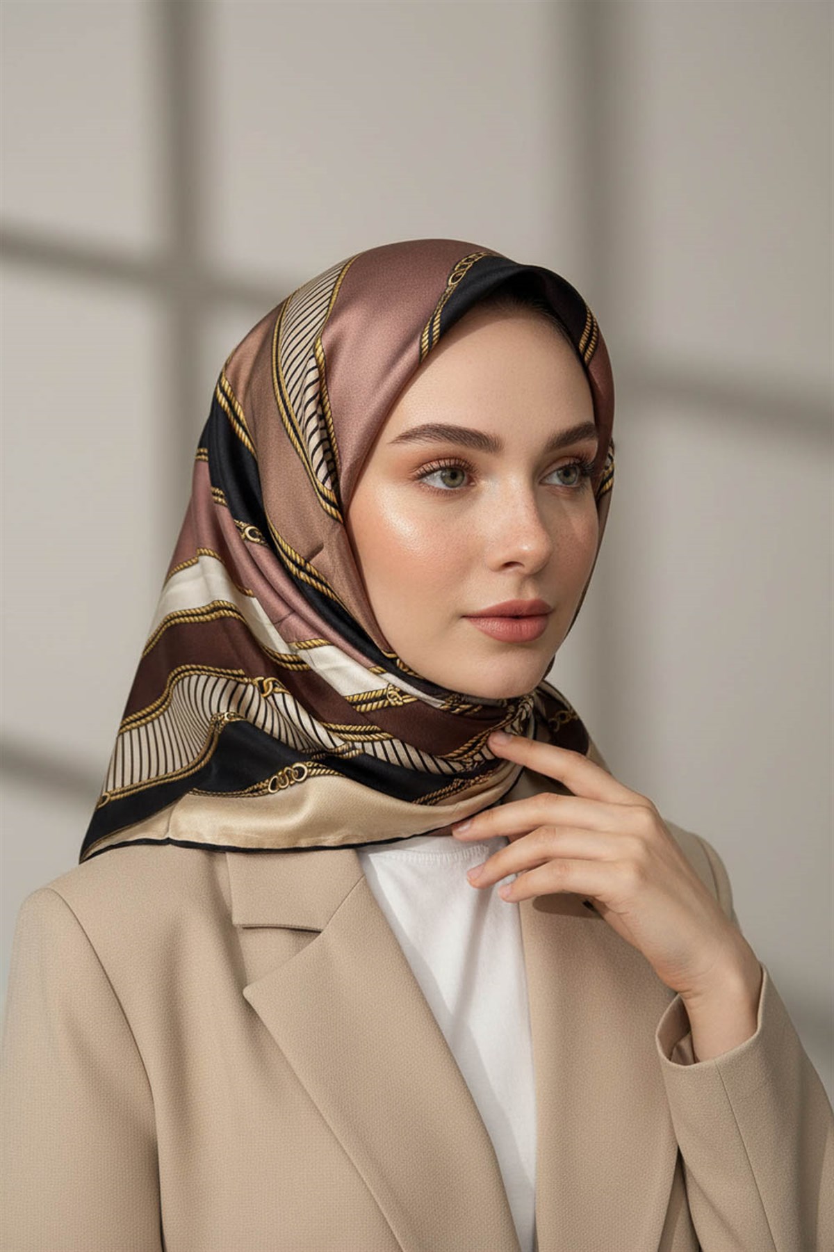 %100 Twill İpek Zincir Detaylı Geometrik Desenli Bej - Vizon Renkli 90x90 Eşarp Dikim Şekli : El Dikişi