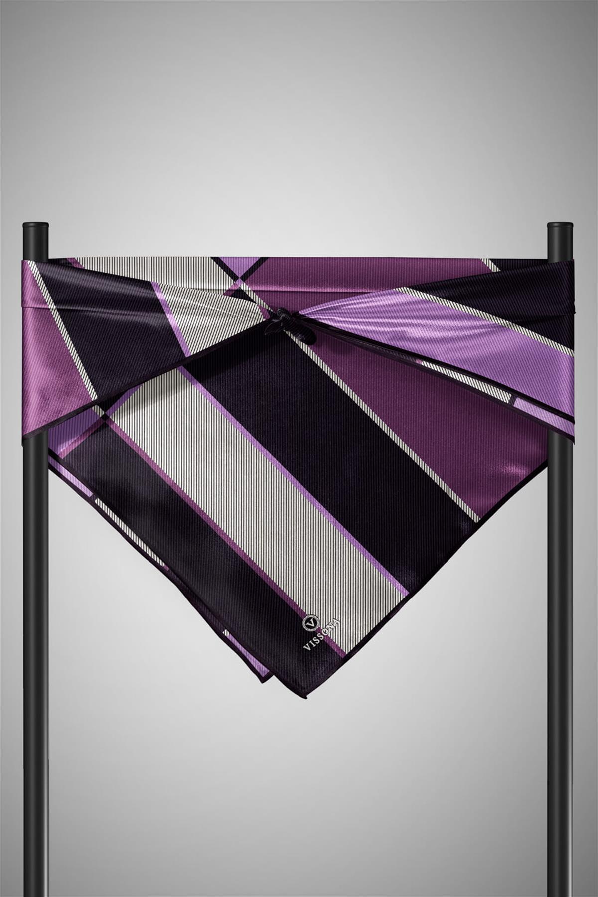 %100 Twill İpek Geometrik Desenli Lila Renkli 90x90 Eşarp Dikim Şekli : El Dikişi