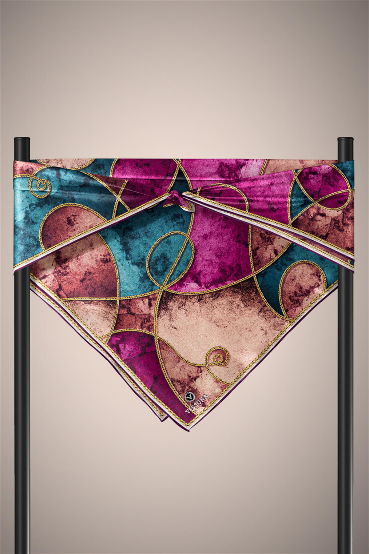 % 57 İPEK % 43 VİSKON Twill İpek Zincirli Mermer Desenli Mürdüm - Petrol Mavisi Renkli 90x90 Eşarp Dikim Şekli : El Dikişi