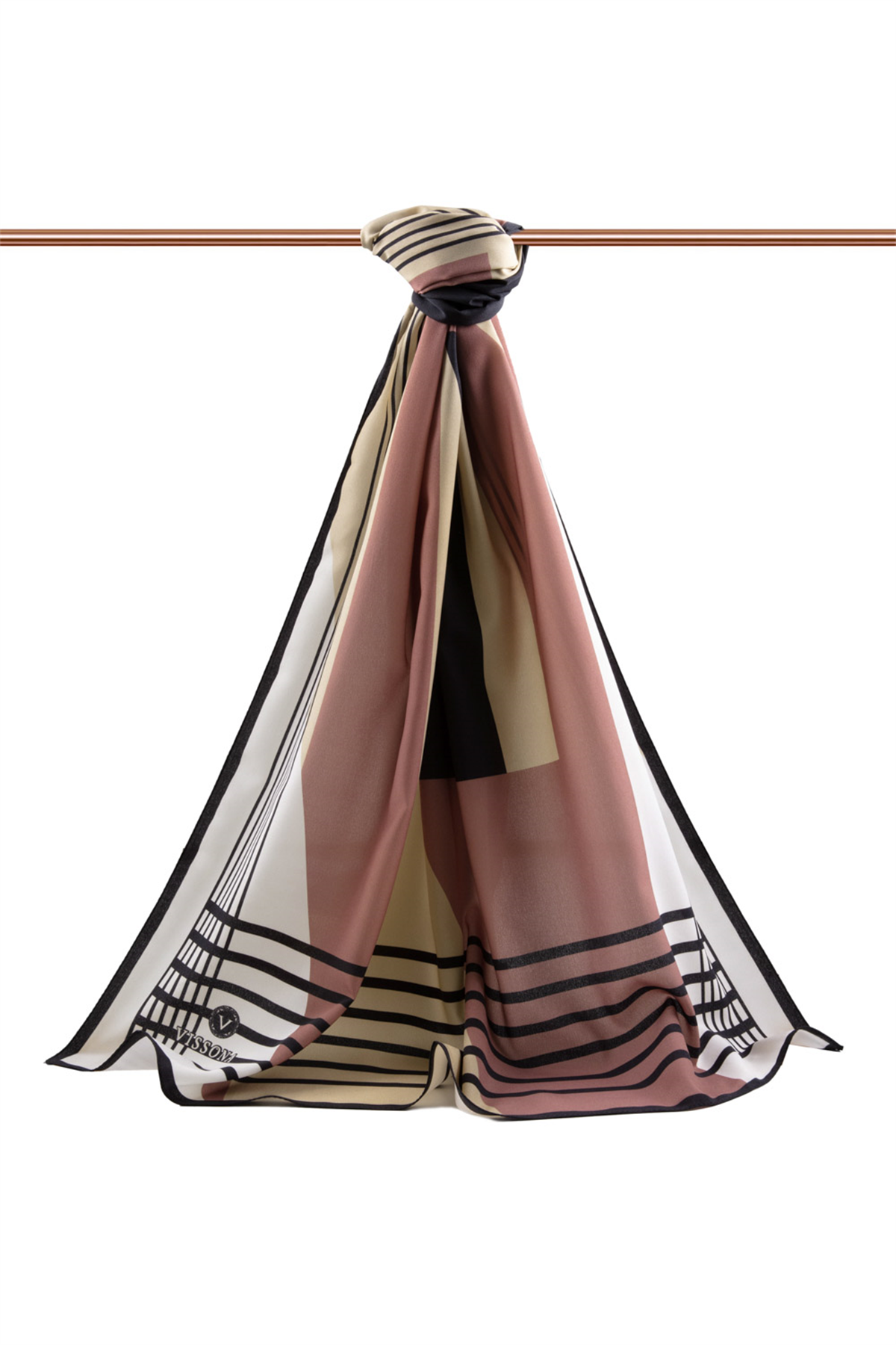LÜKS MEDİNE İPEĞİ GEOMETRİK DESENLİ PUDRA RENKLİ 75X195 KIRIŞMAZ ŞAL MOSS KREP DİKİŞ TİPİ İTALYAN DİKİŞLİ