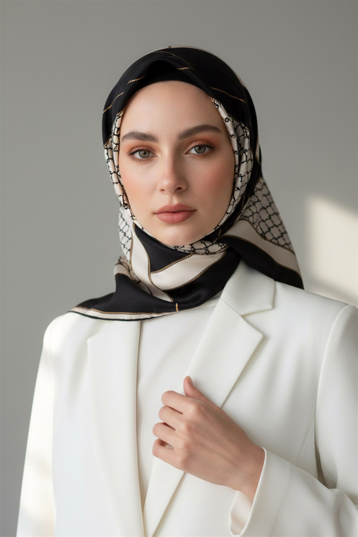 %100 Twill İpek Geometrik Desenli Siyah - Krem Renkli 90x90 Eşarp Dikim Şekli : El Dikişi