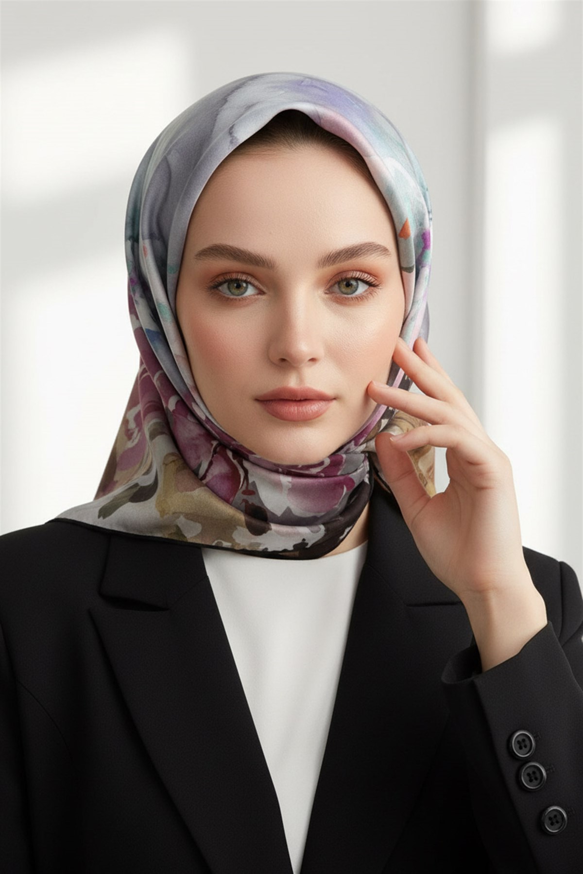 %100 Twill İpek Çiçek  Desenli Siyah - Mürdüm Renkli 90x90 Eşarp Dikim Şekli : El Dikişi