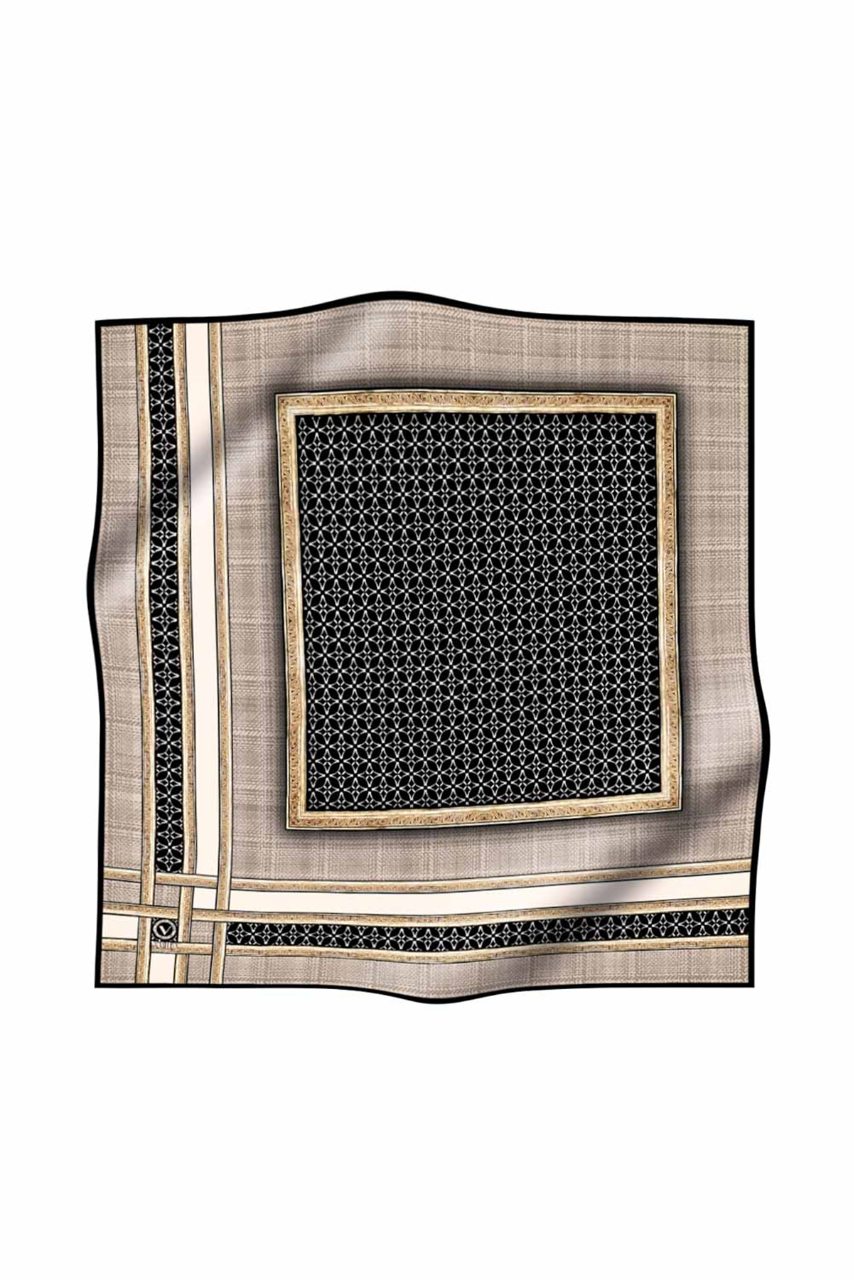 Twill Gold Bordürlü Geometrik Desenli Bej Renkli 90x90 Eşarp (İpek İçermez) Kenar Dikiş Şekli El Dikişli