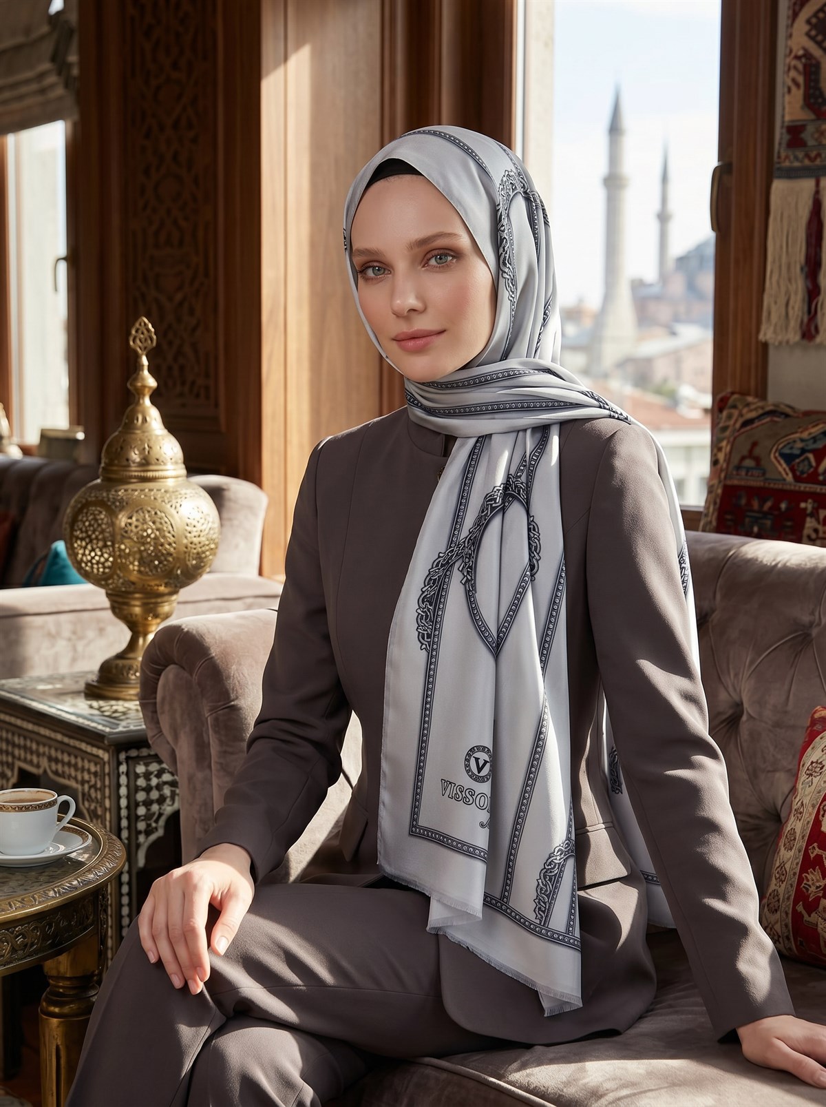 %100 Saf İpek Şal İnce Saten Vual Dokuma Kemer Desenli Gri - Gold Renkli 90x210 Şal