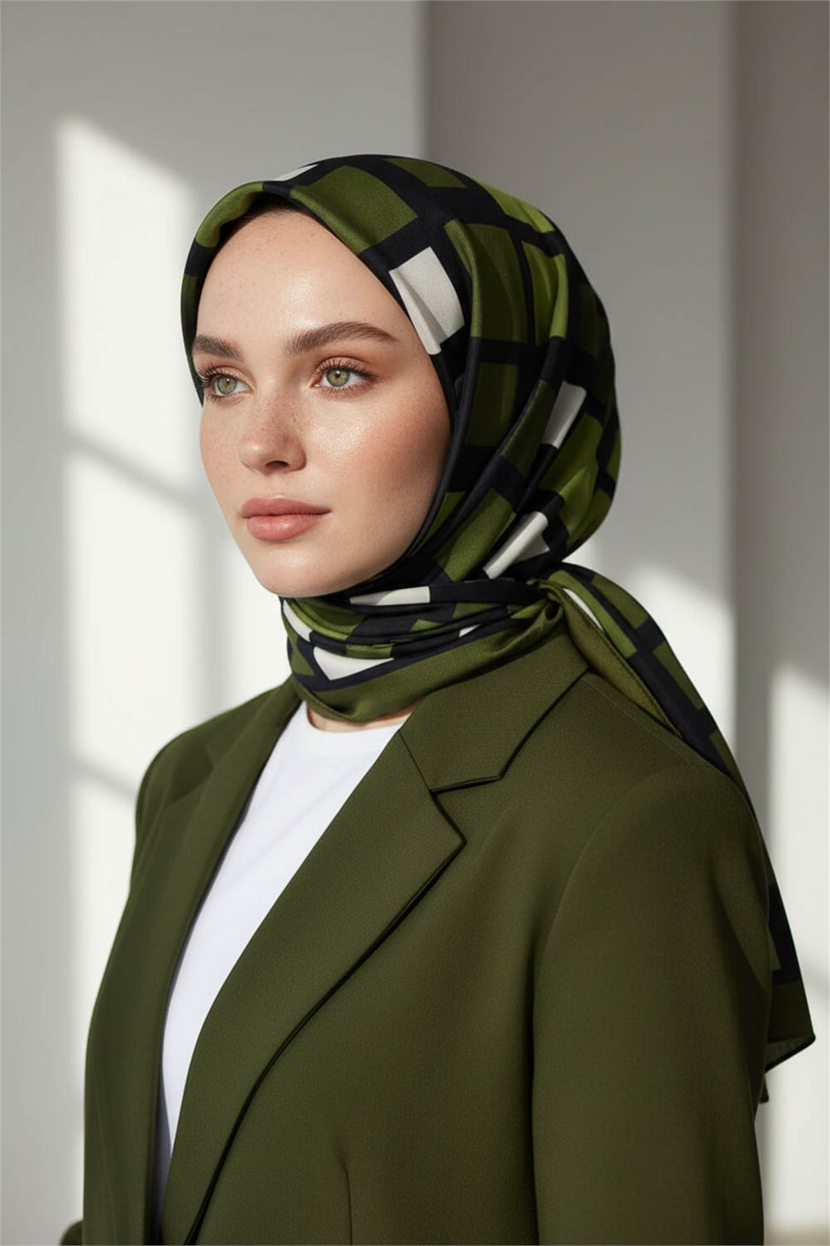 KREP KARE DESENLİ HAKİ YEŞİLİ RENKLİ 75X195 KIRIŞMAZ ŞAL