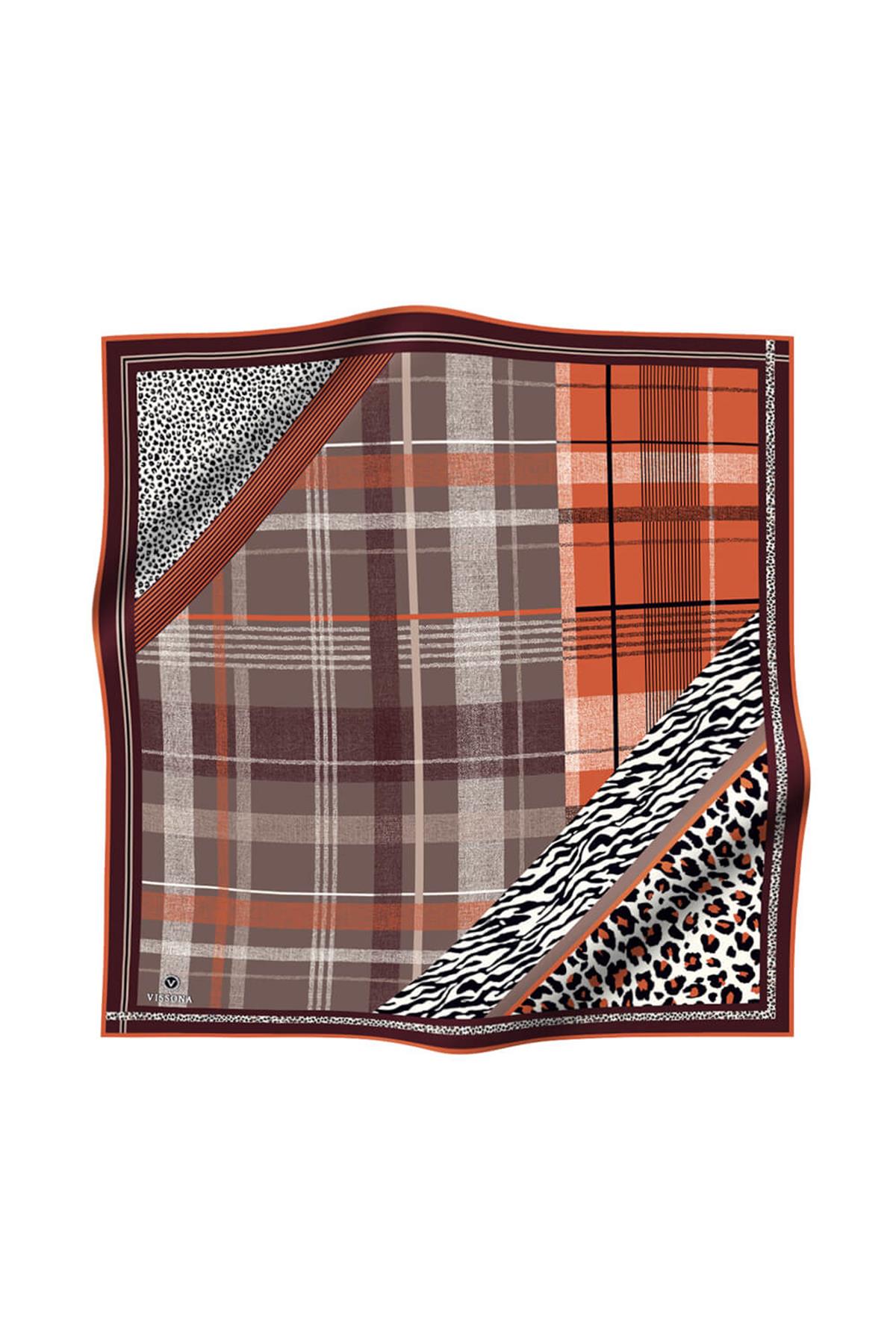 %100 Twill İpek Ekoseli Ve Leopar Desenli Bej - Taba Renkli 90x90 Eşarp Dikim Şekli : El Dikişi