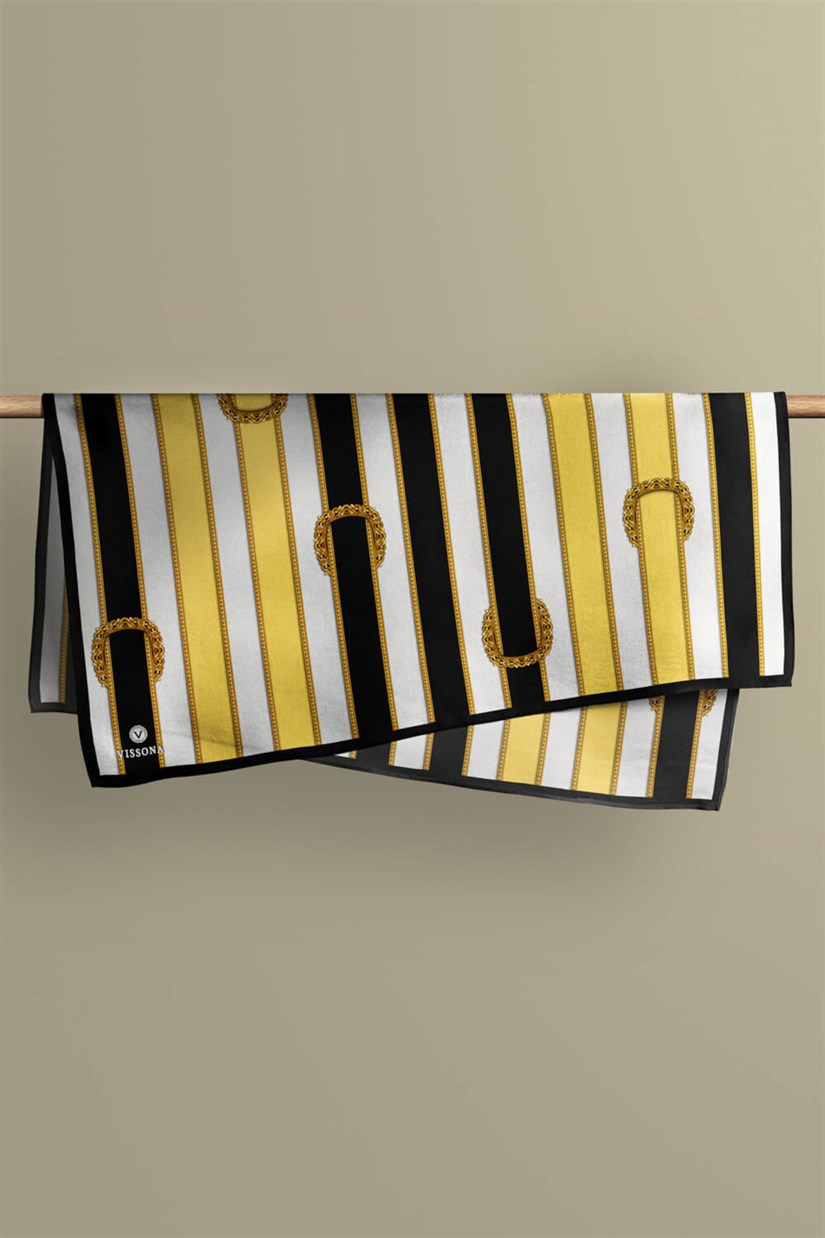 %100 Twill İpek Kemer Desenli Siyah - Limon Sarısı Renkli 90x90 Eşarp Dikim Şekli : El Dikişi