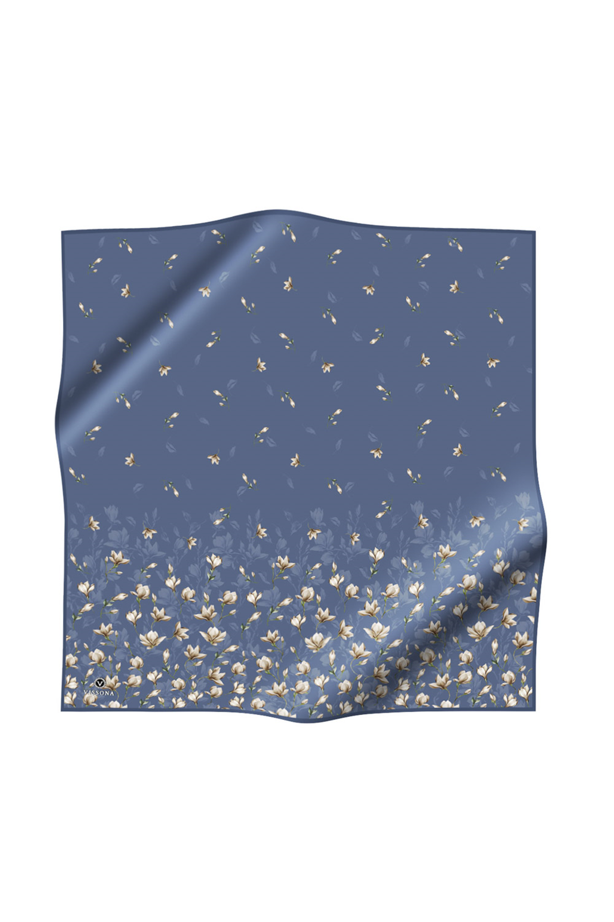 % 57 İPEK % 43 VİSKON Twill İpek Çiçek Desenli İndigo Mavisi Renkli 90x90 Eşarp Dikim Şekli : El Dikişi