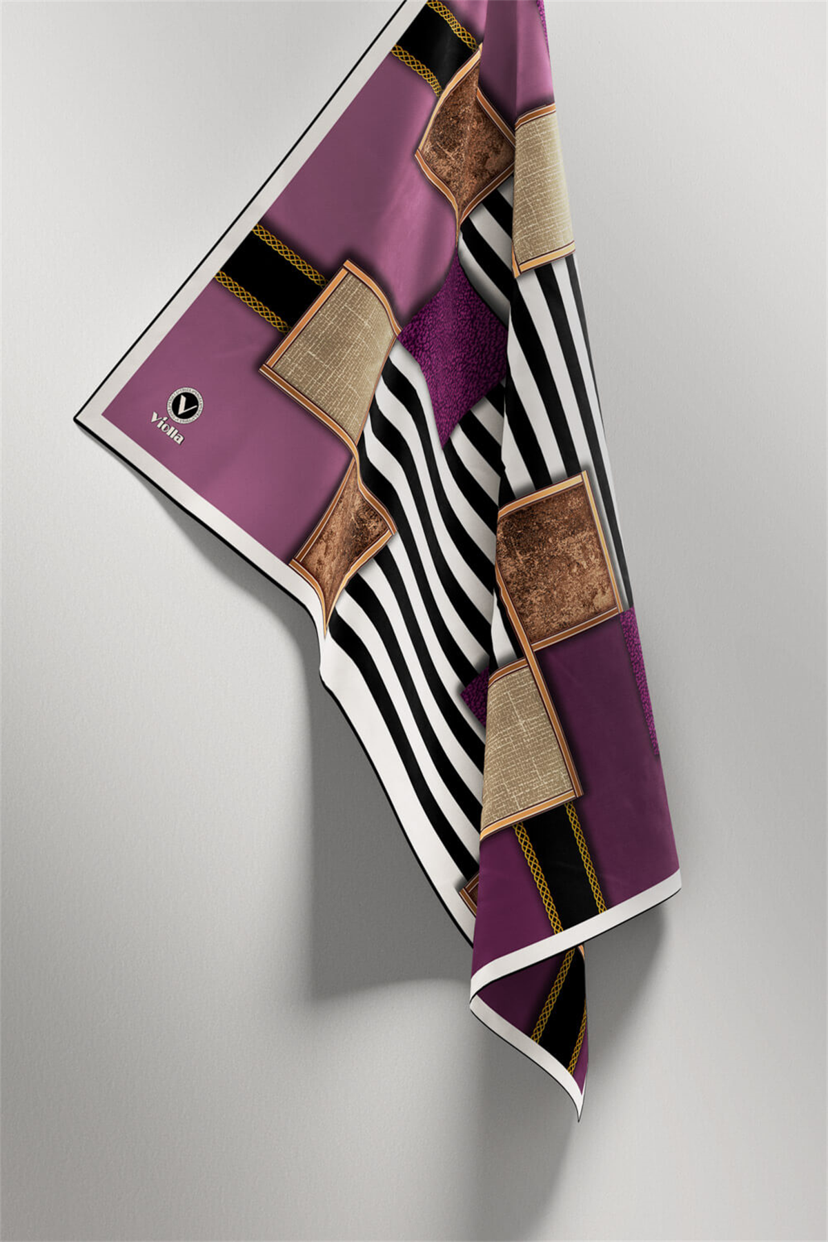 Twill Geometrik Ve Çizgili Desenli Mor Renkli 90x90 Eşarp (İpek İçermez) Dikim Şekli : El Dikişi