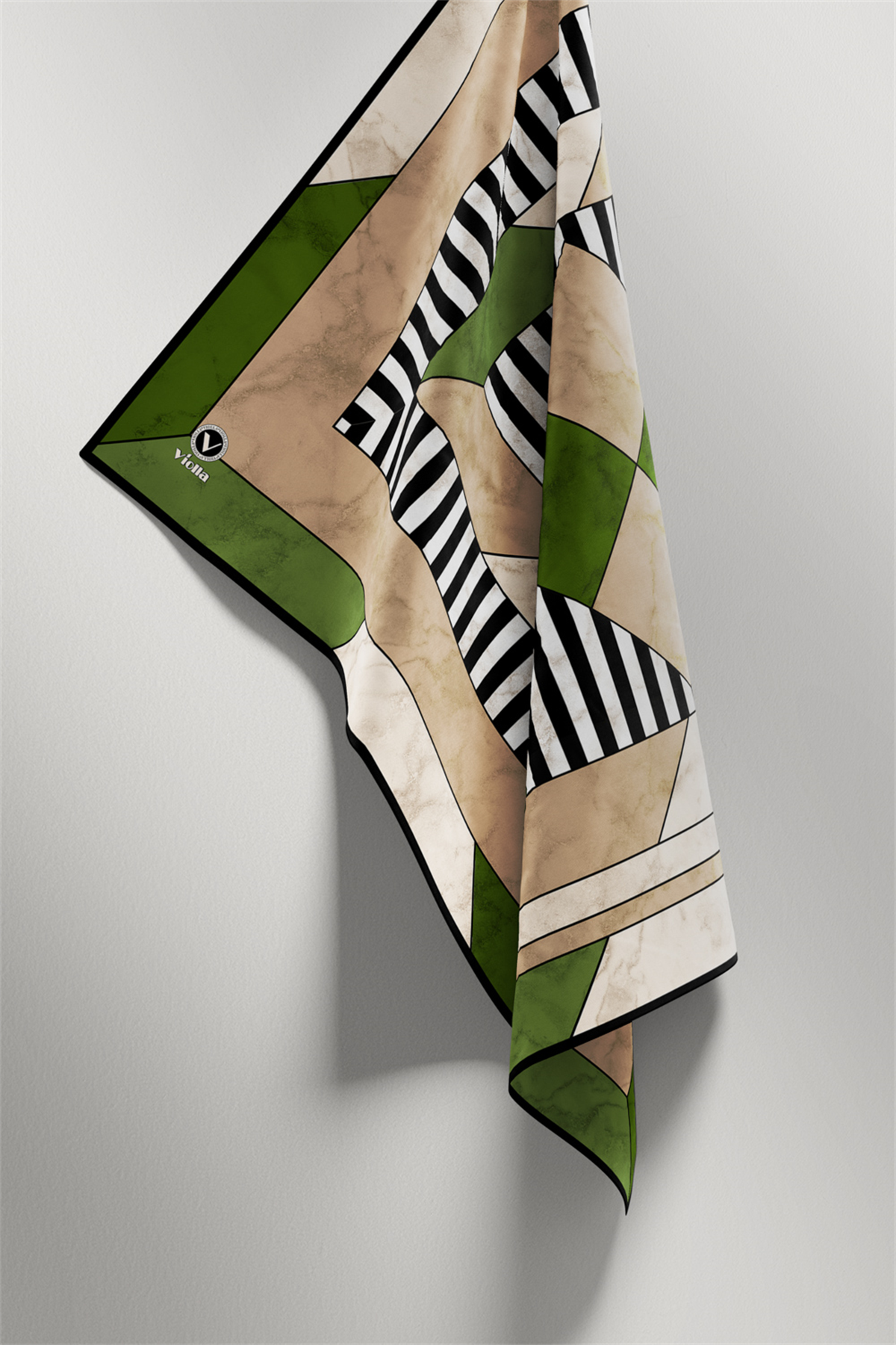 Twill Çizgili Geometrik Mermer Desenli Zümrüt Yeşili Renkli 90x90 Eşarp (İpek İçermez) Kenar Dikiş Şekli El Dikişli