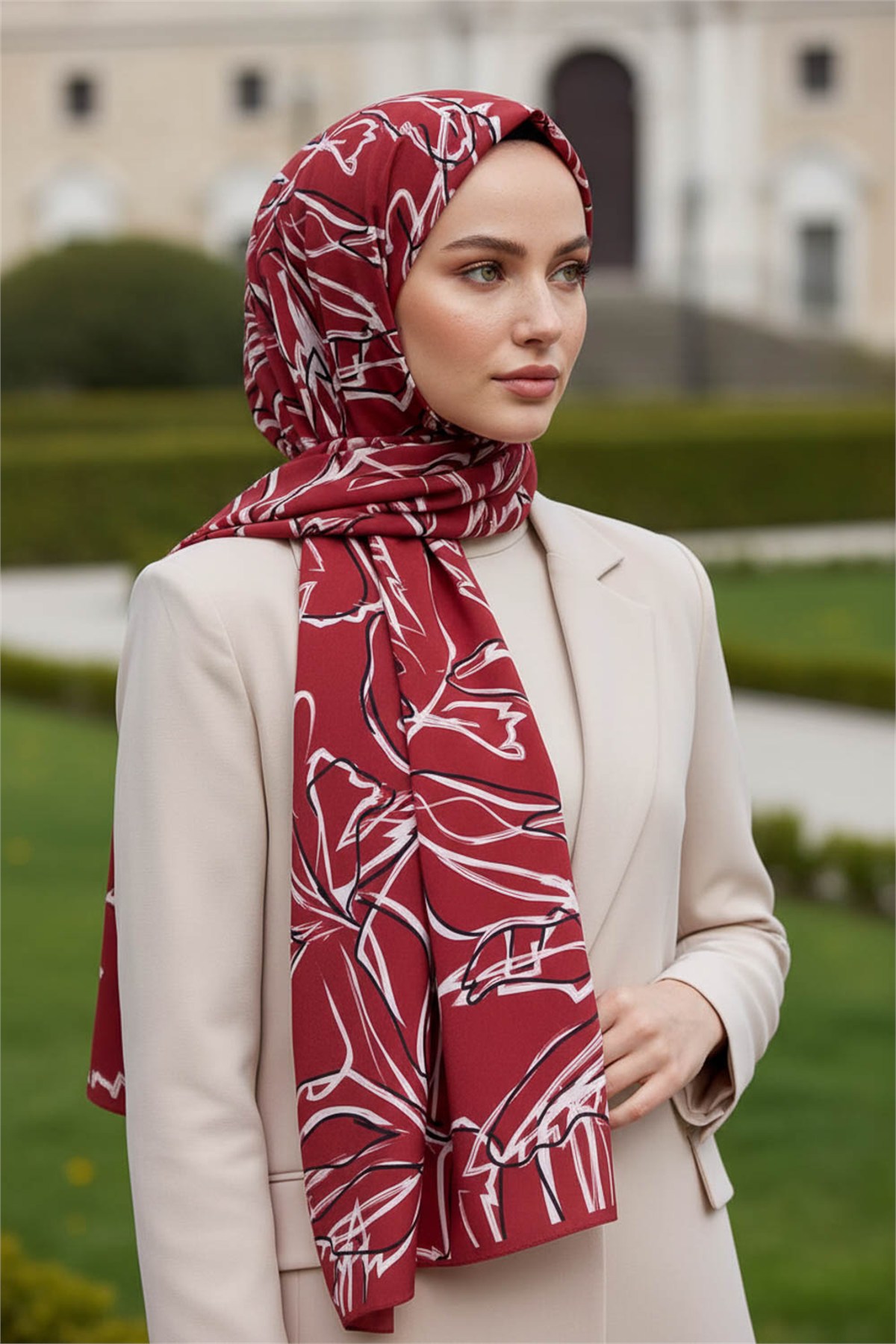 KREP YAPRAK DESENLİ BORDO RENKLİ 75X195 KIRIŞMAZ ŞAL