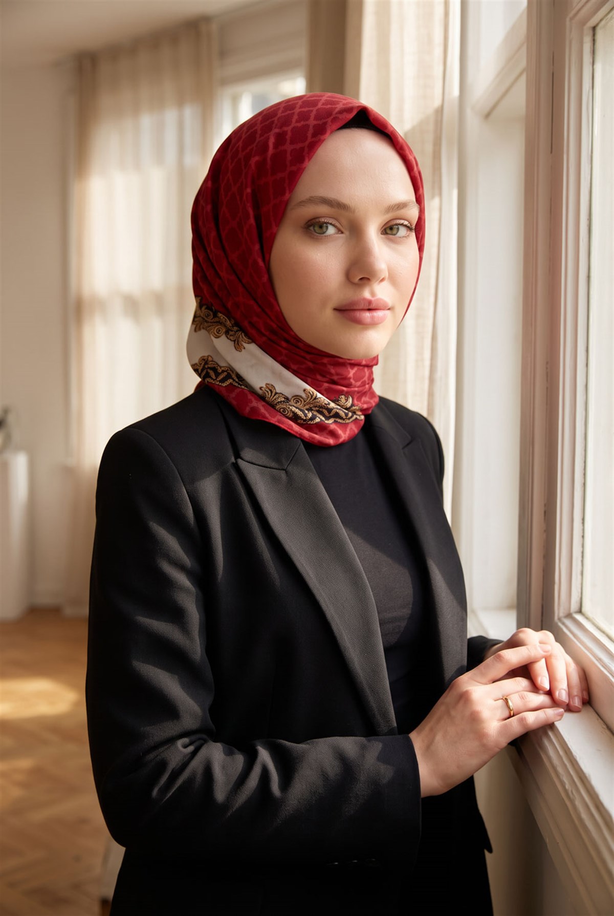 %100 Saf İpek Şal İnce Saten Vual Dokuma Yaprak Desenli Kırmızı - Gold Renkli 90x210 Şal