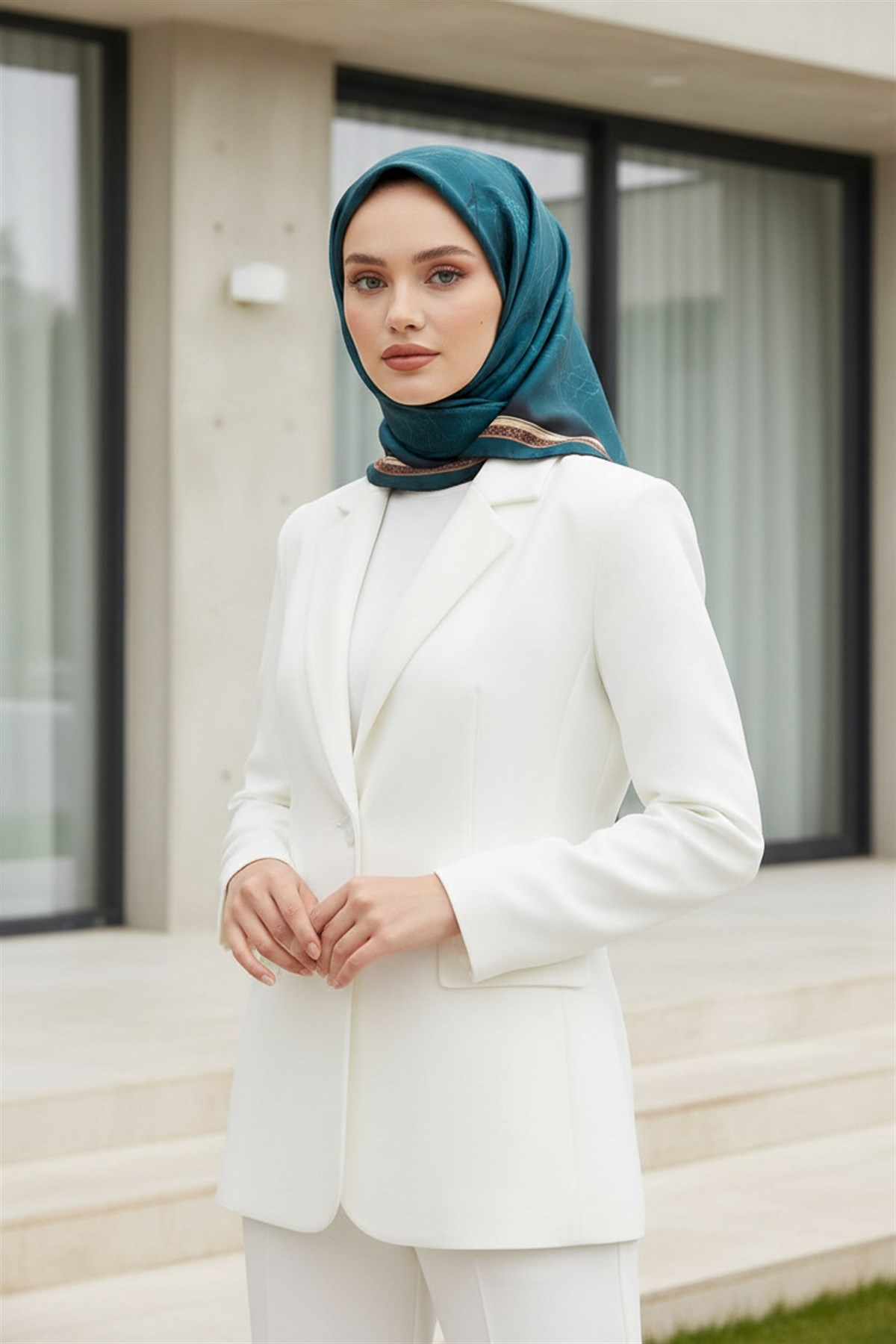 %100 Twill İpek Mermer Desenli Petrol Yeşili Renkli 90x90 Eşarp Dikim Şekli : El Dikişi