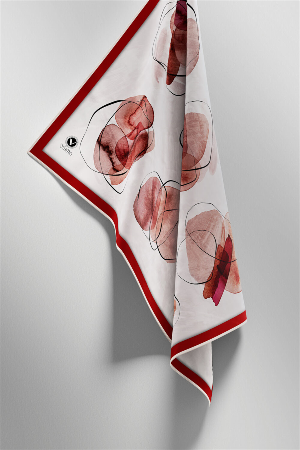 Twill Sulu Boya Geometrik Desenli Bordo Renkli 90x90 Eşarp (İpek İçermez) Kenar Dikiş Şekli El Dikişli