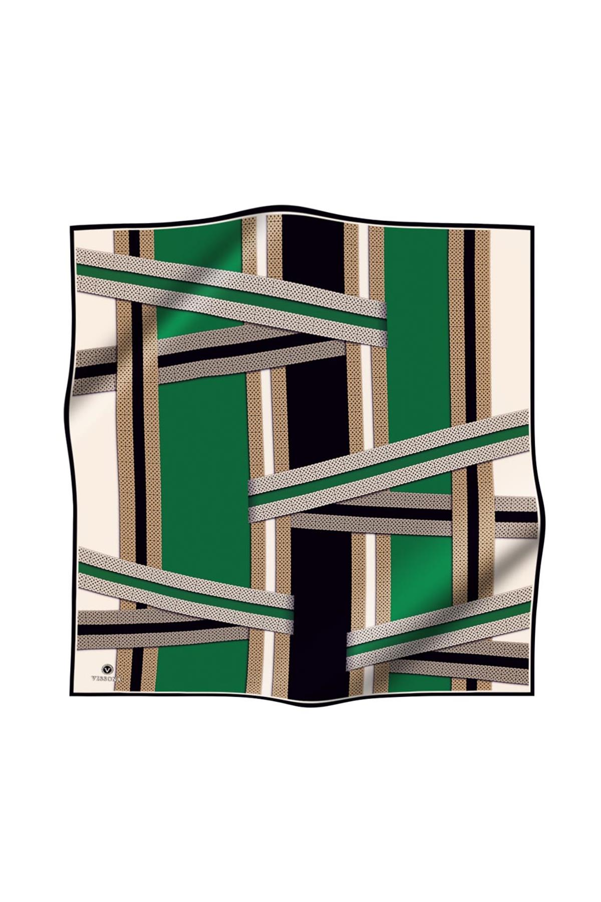 %100 Twill İpek Geometrik Desenli Siyah - Zümrüt Yeşili Renkli 90x90 Eşarp Dikim Şekli : El Dikişi