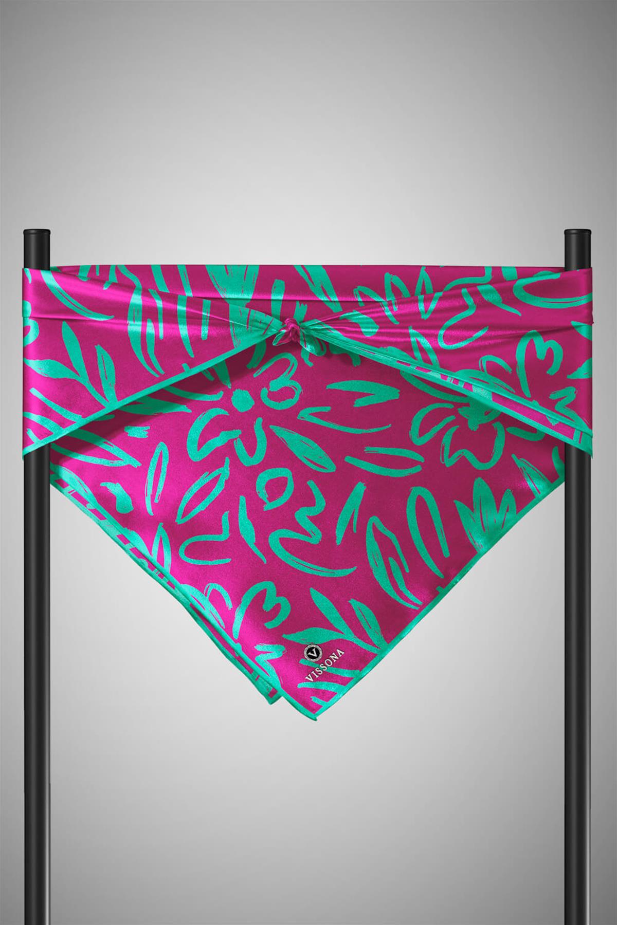 %100 Twill İpek Büyük Çiçek Desenli Fuşya - Koyu Mint Yeşili Renkli 90x90 Eşarp Dikim Şekli : El Dikişi