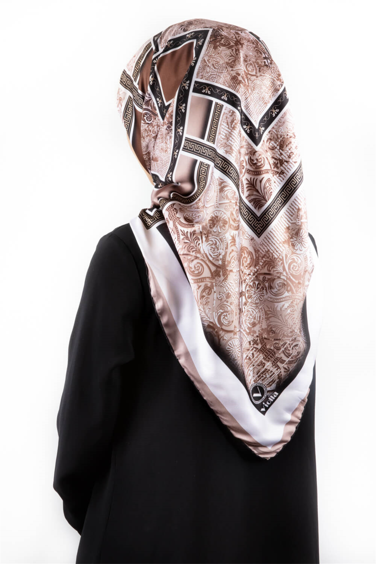 Twill Geometrik Desenli Vizon Renkli 90x90 Eşarp (İpek İçermez) Kenar Dikiş Şekli El Dikişli