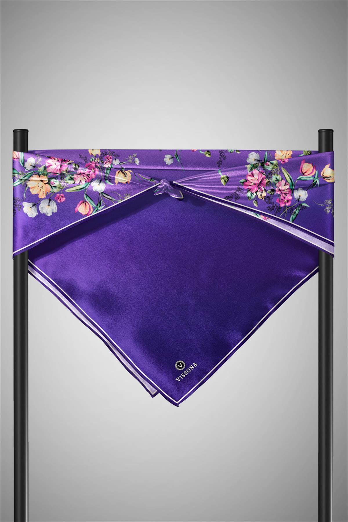 %100 Twill İpek Sonsuz Çiçek Desenli Lila Renkli 90x90 Eşarp Dikim Şekli : El Dikişi