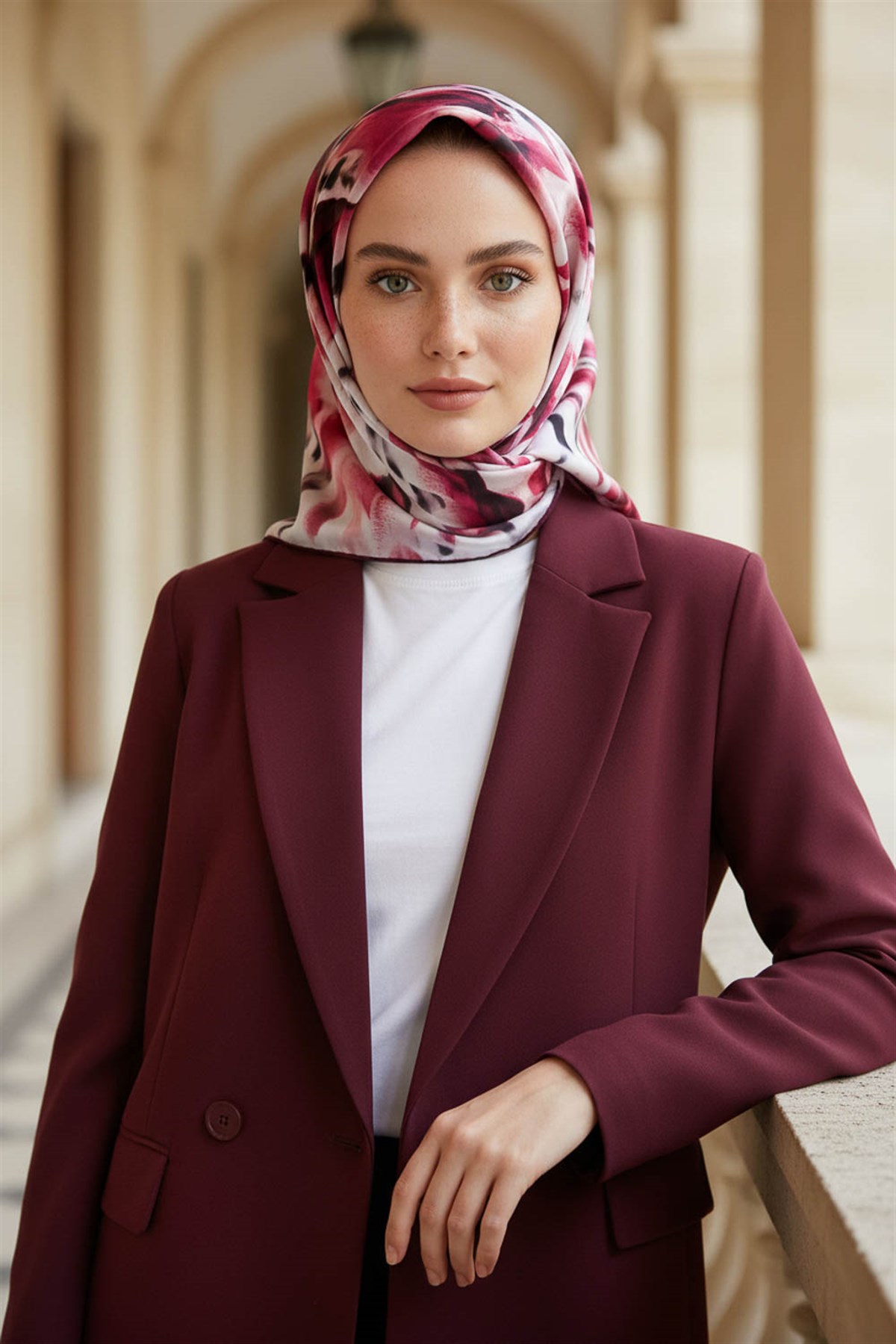 %100 Twill İpek Batik Desenli Bordo - Gri Renkli 90x90 Eşarp Dikim Şekli : El Dikişi
