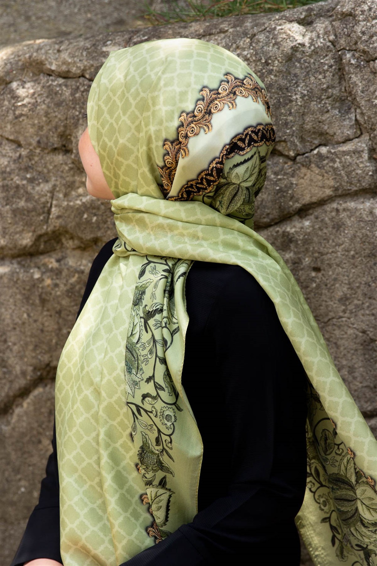 %100 İpek Yaprak Desenli Su Yeşili - Gold Renkli 92x210 Şal