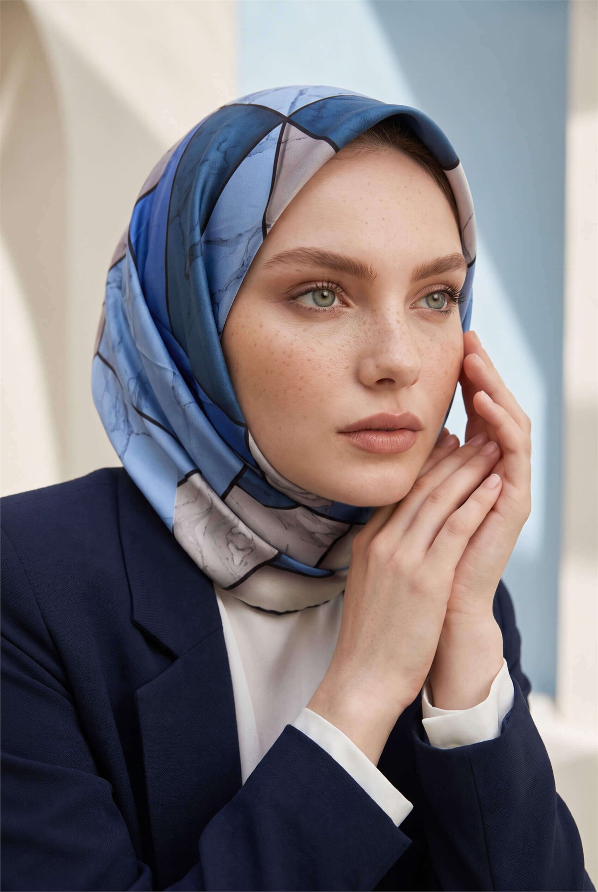 Rayon Mermer Desenli İndigo - Lacivert Renkli 90x90 Eşarp (İpek İçermez) Kenar Dikiş Şekli El Dikişli