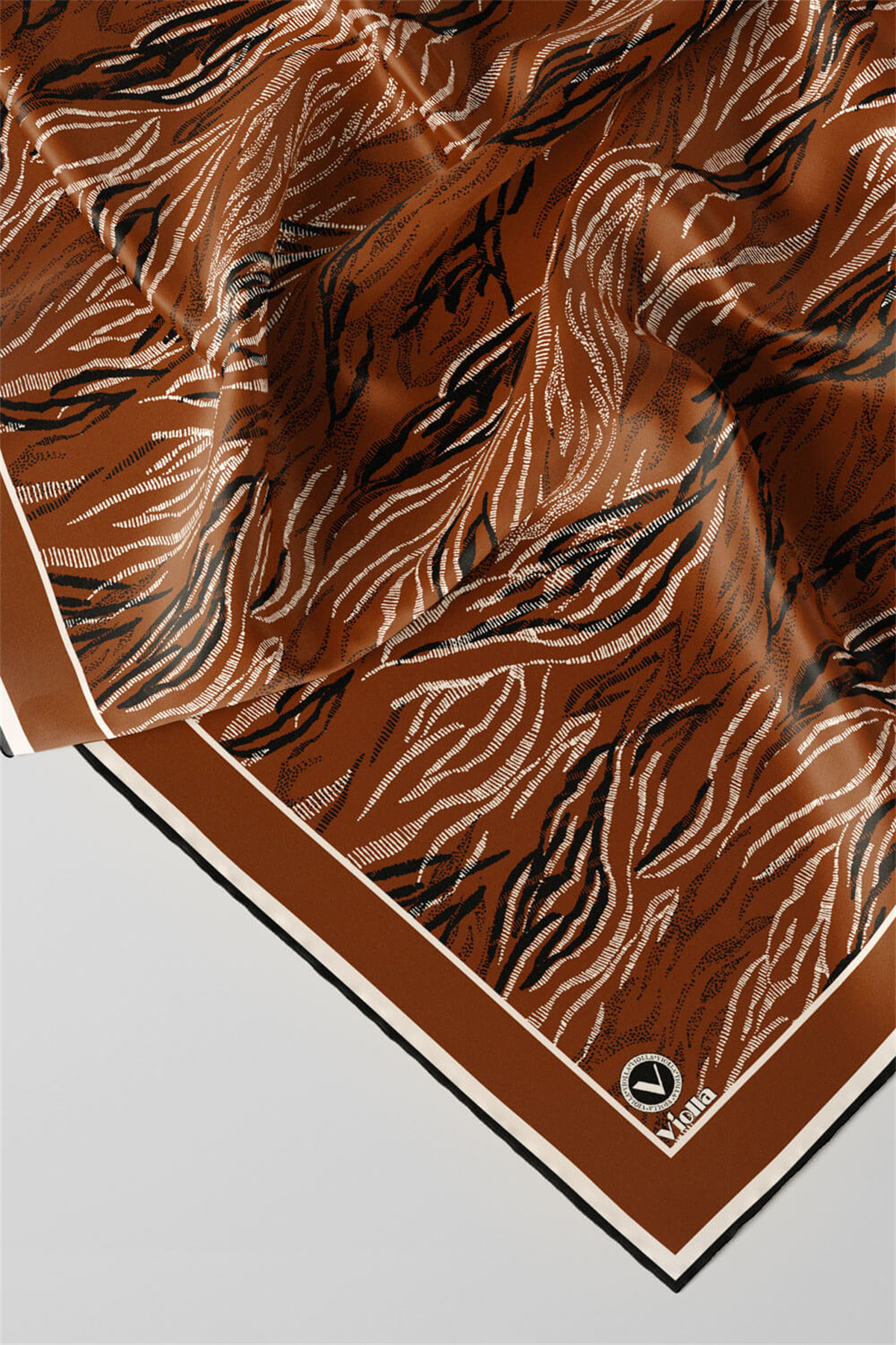 Twill Soyut Çizgi Desenli Taba Renkli 90x90 Eşarp (İpek İçermez) Kenar Dikiş Şekli El Dikişli