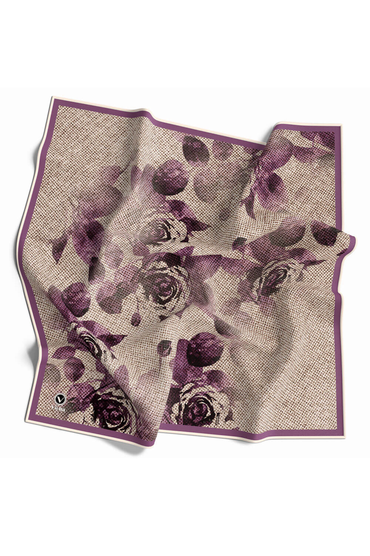 Twill Gül Desenli Mürdüm Renkli 90x90 Eşarp (İpek İçermez) Kenar Dikiş Şekli El Dikişli