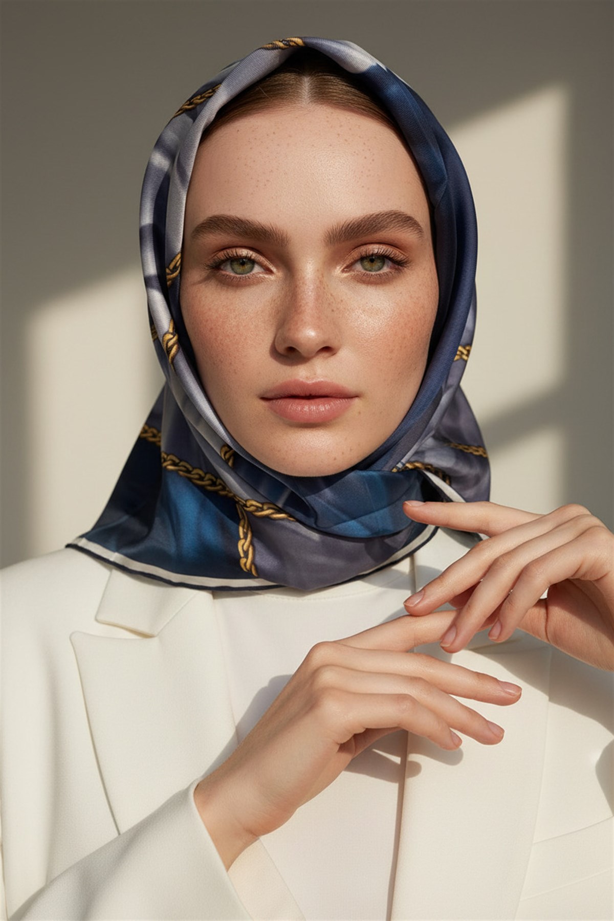 % 57 İPEK % 43 VİSKON Twill İpek Çiçek Geometrik Desenli lacivert  Renkli 90x90 Eşarp Dikim Şekli : El Dikişi