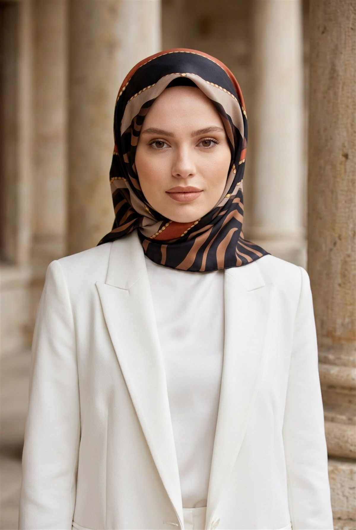 %100 Twill İpek Zebra Desenli Gold - Siyah Renkli 90x90 Eşarp Dikim Şekli : El Dikişi