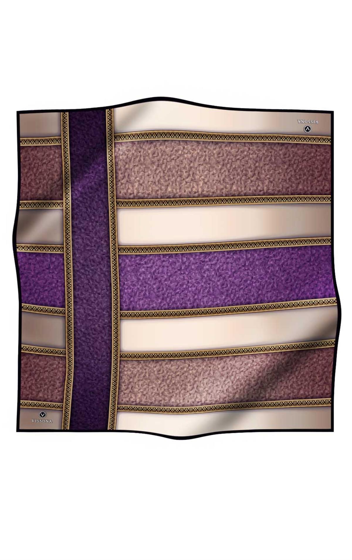 %100 Twill İpek Dokulu Ve Şerit Desenli Mor - Somon Renkli 90x90 Eşarp Dikim Şekli : El Dikişi