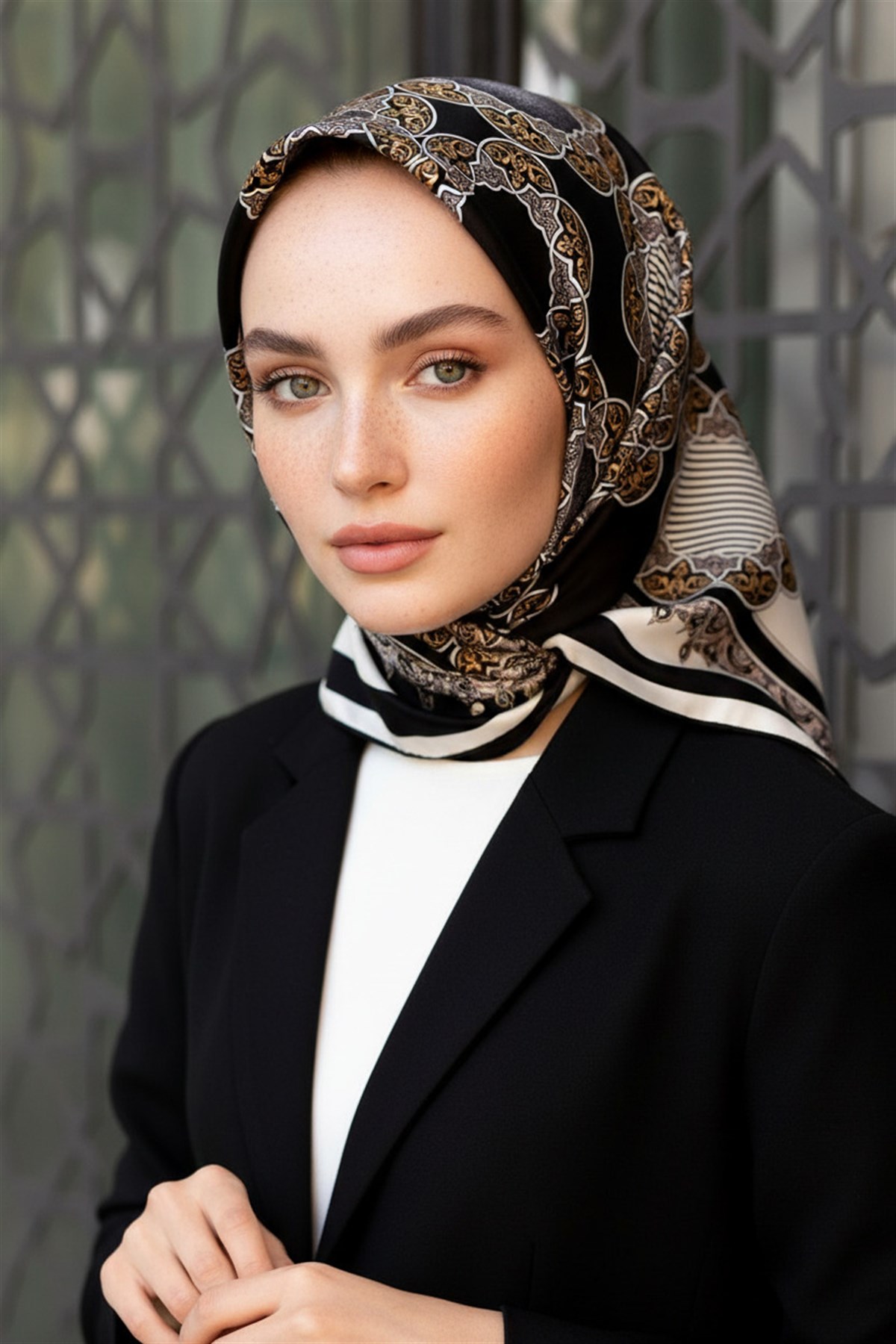 %100 Twill Türk Motifi  Desenli Siyah - Krem Renkli 90x90 Eşarp Dikim Şekli: El Dikişi