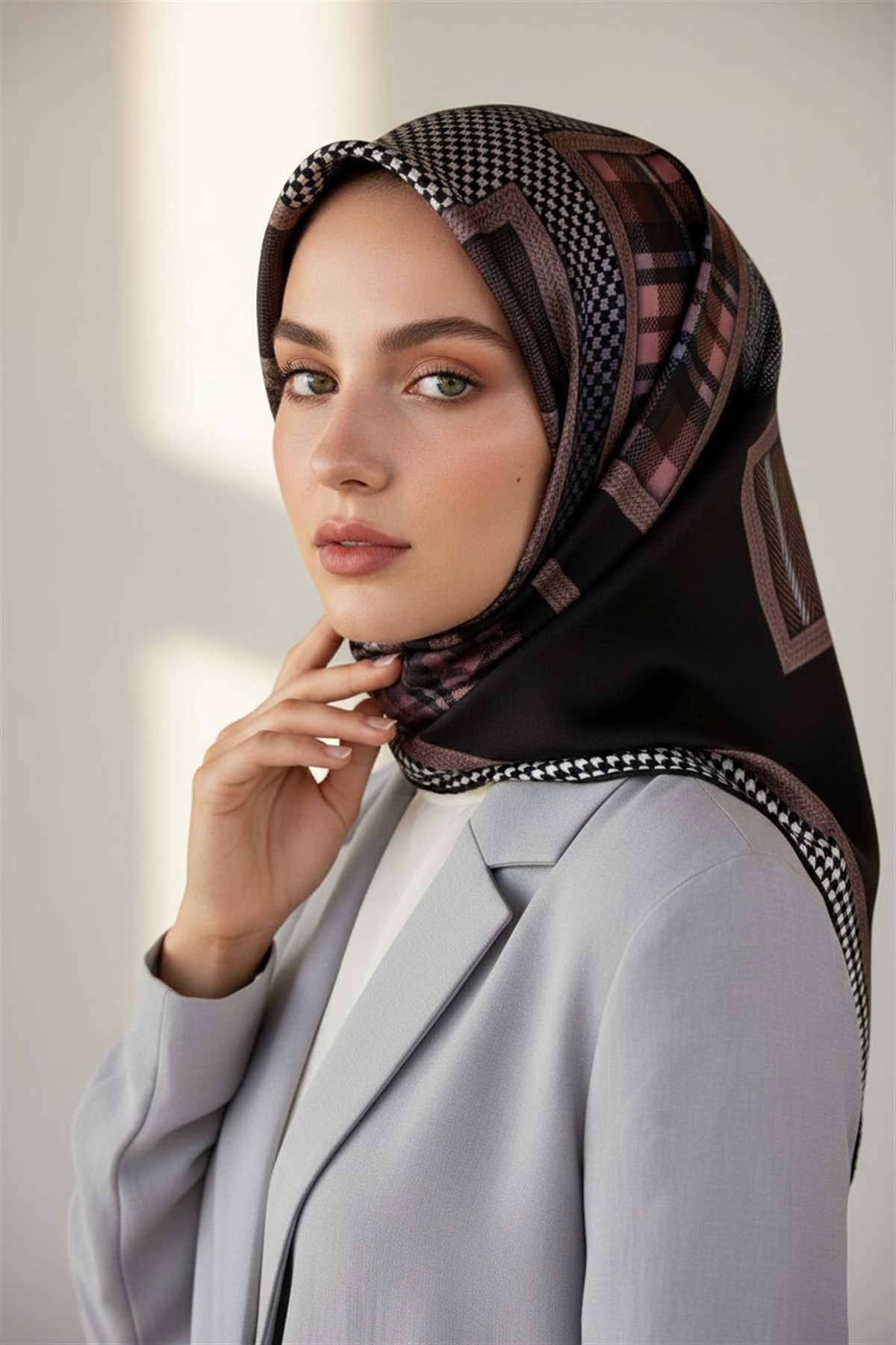 %100 Twill İpek Kazakayaklı Ve Ekose Desenli Siyah - Pudra Renkli 90x90 Eşarp Dikim Şekli : El Dikişi